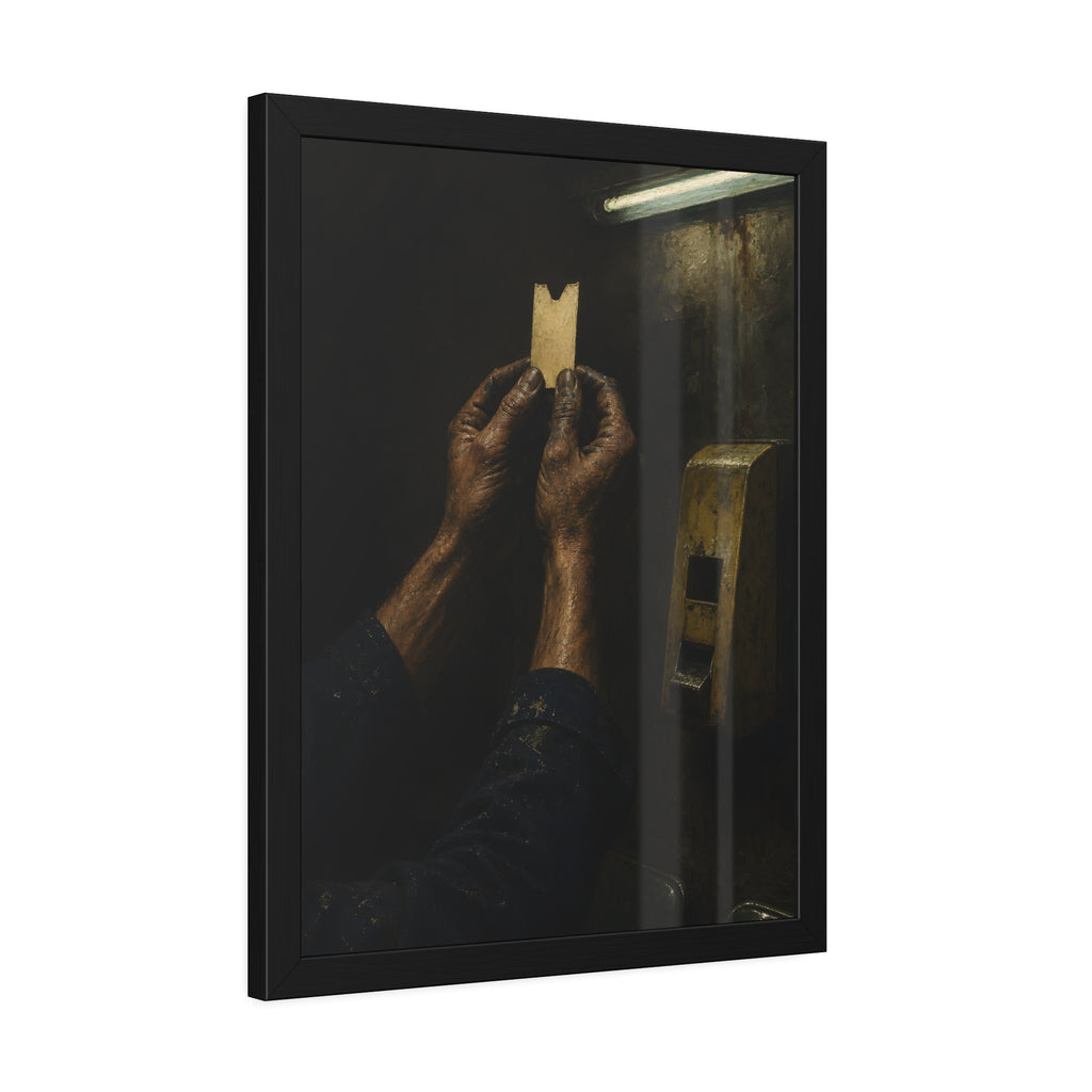 Weathered hands holding a paper queue ticket under a fluorescent tube. The First Number by Garabaggio, framed fine art print hanging in a room.
