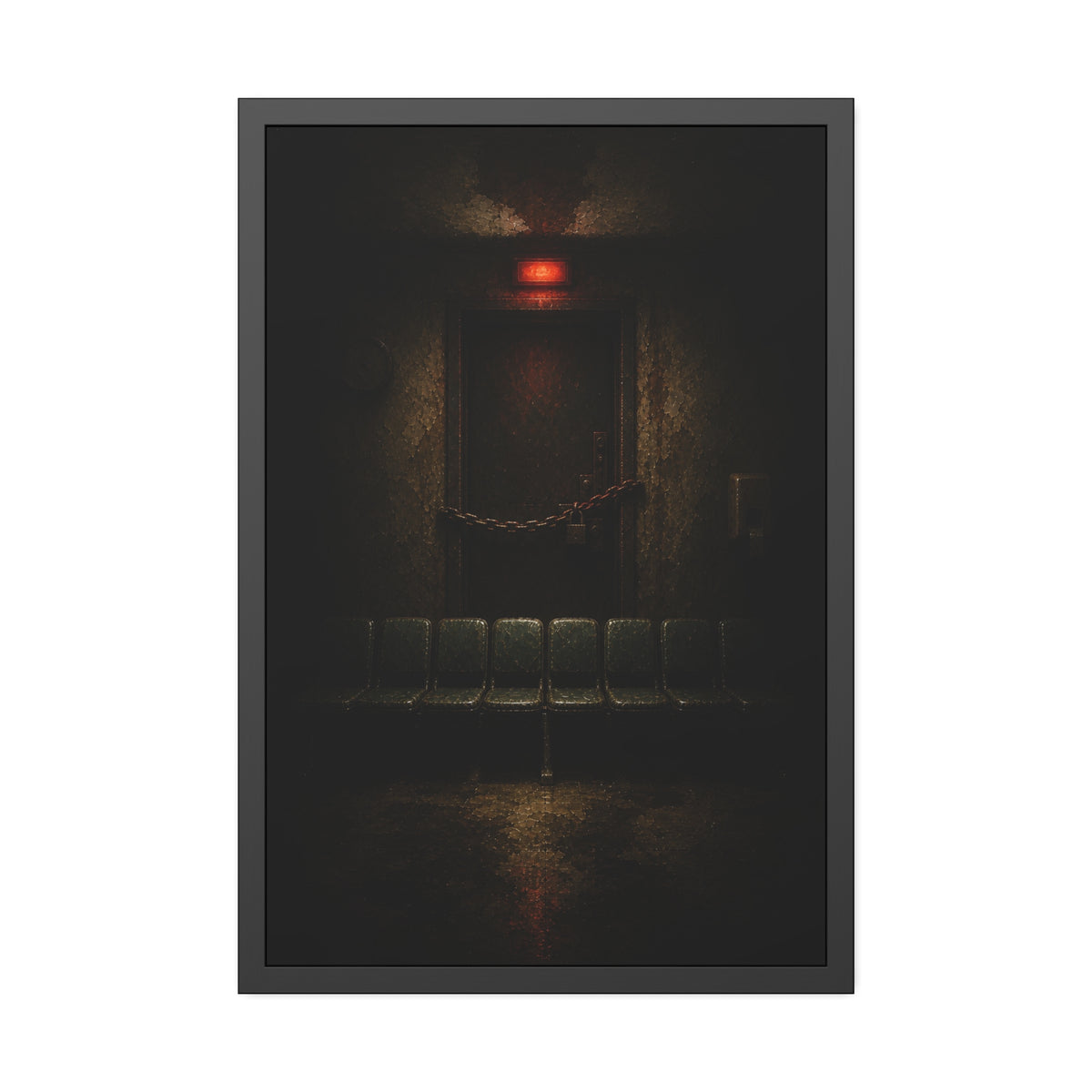 Chained waiting room door under a red exit light, empty seats below. After Closing by Garabaggio, framed fine art print, 24″ x 36″.