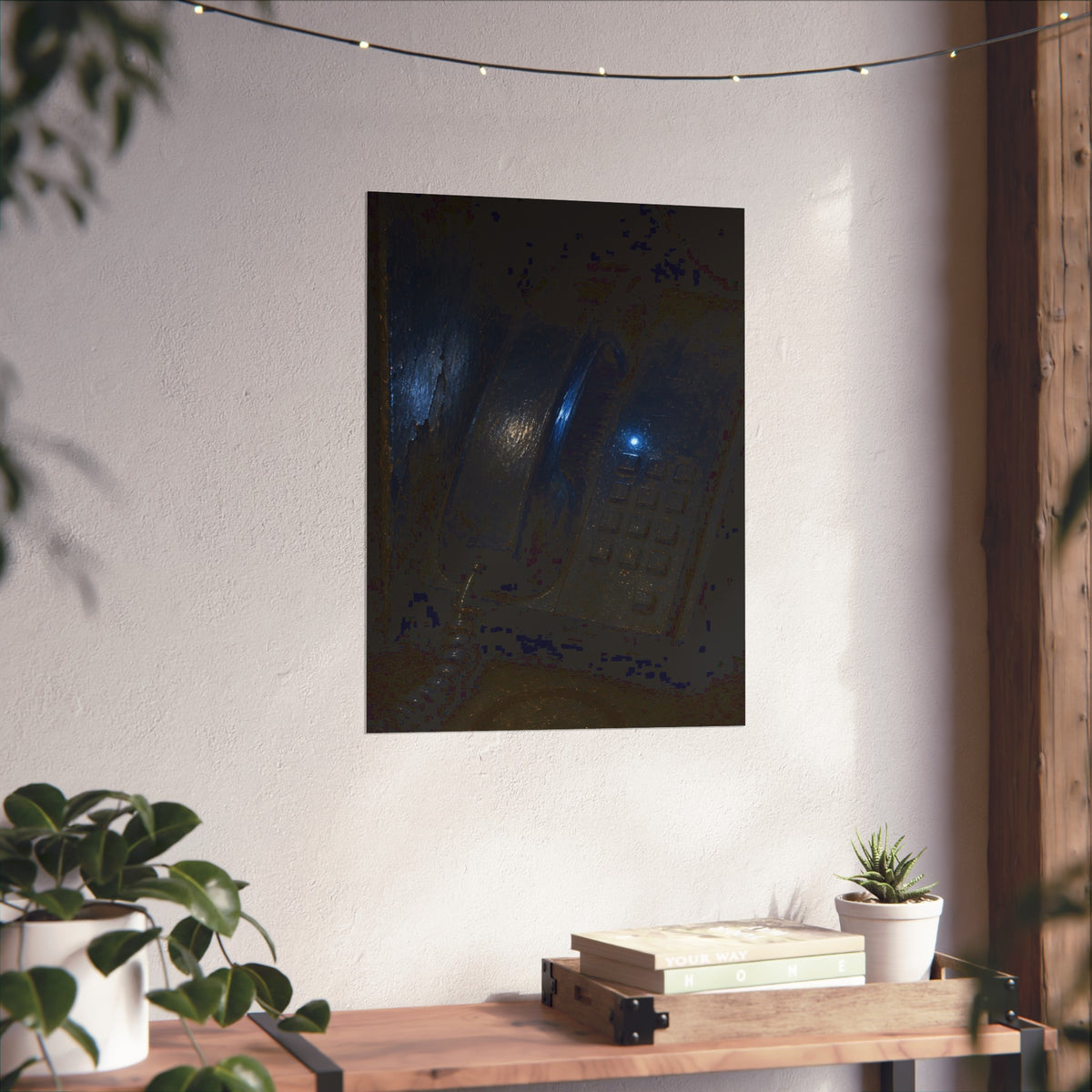 A grimy wall telephone in darkness with one small blue indicator light. The Night Queue by Garabaggio, fine art print hanging in a room.