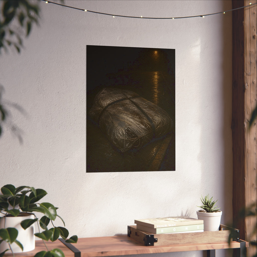 A mattress wrapped in plastic and strapped shut on a wet night street. The Municipal Shroud by Garabaggio, fine art print hanging in a room.