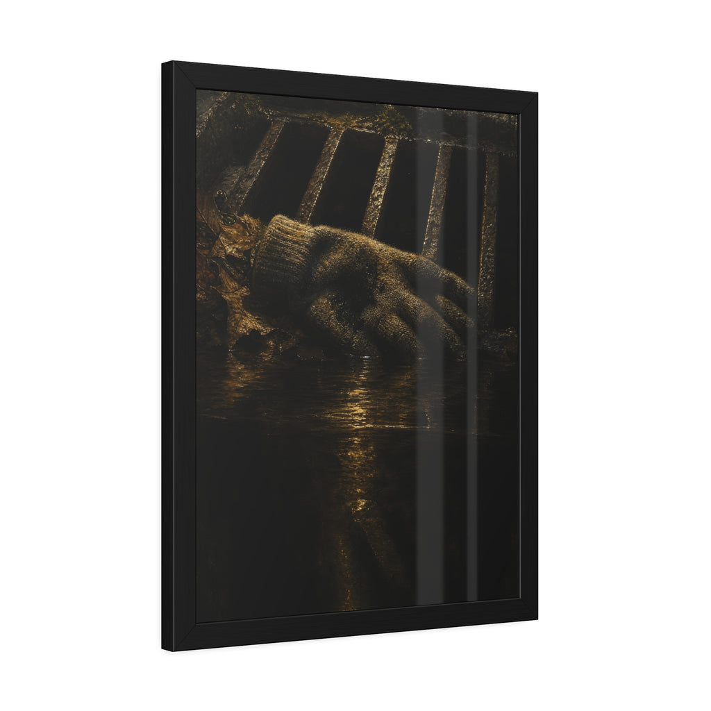 A single work glove on a storm drain grate above dark standing water. The Descent Into the Drain by Garabaggio, framed fine art print hanging in a room.