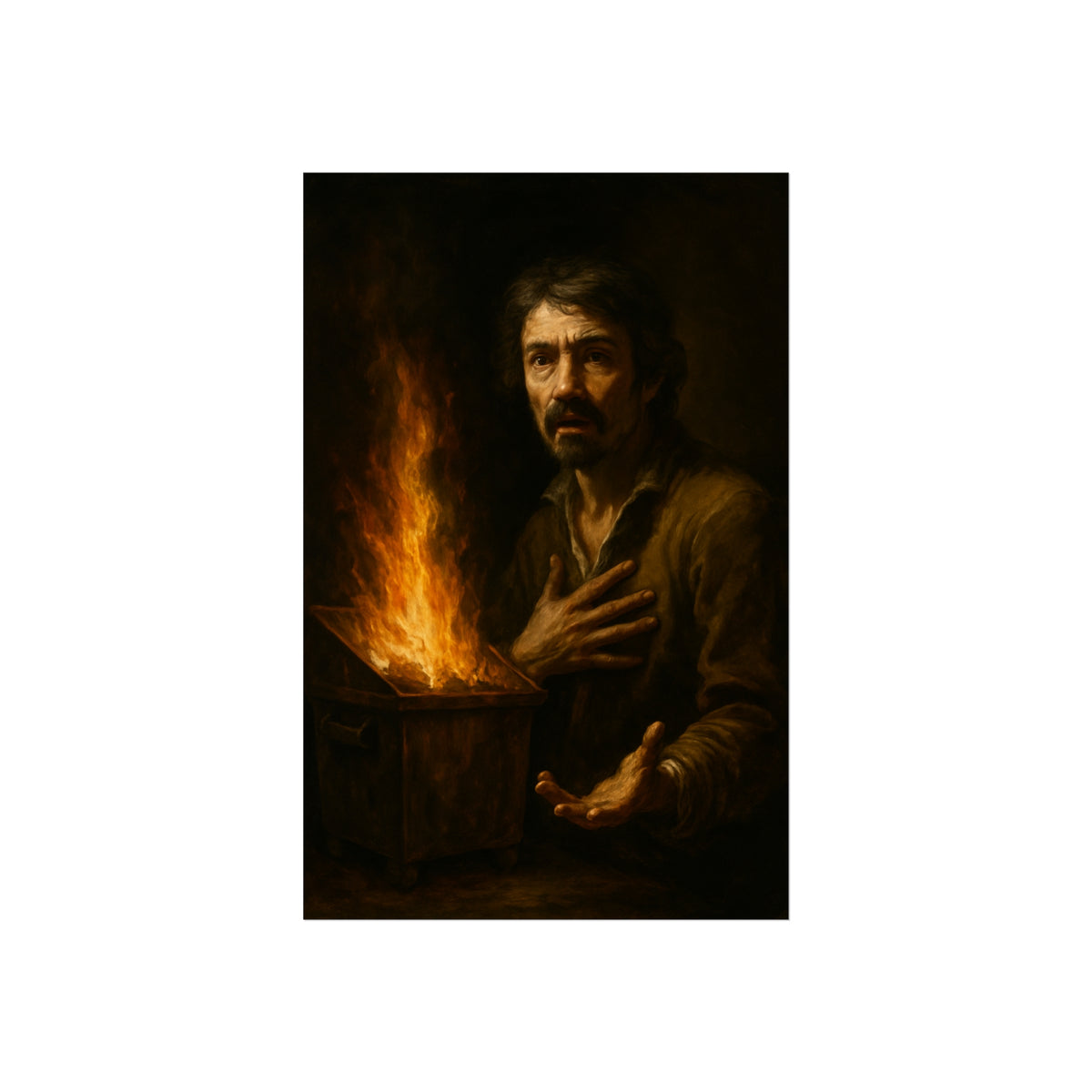Man reaching an open palm toward a dumpster fire at his left. Self-Portrait as the Doubting Thomas by Garabaggio, fine art print hanging in a room.