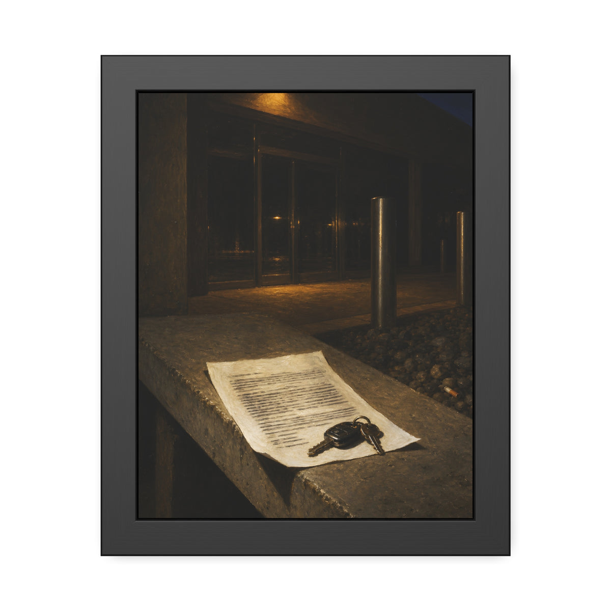 A printed page and car keys on a concrete ledge outside an office at night. The Last Email, Printed by Garabaggio, framed fine art print, 11″ x 14″.