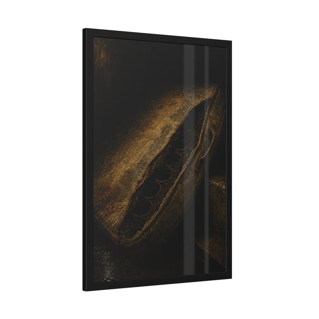 A torn mattress propped on its side, coil springs showing through the split. The Showing of the Springs by Garabaggio, framed fine art print hanging in a room.