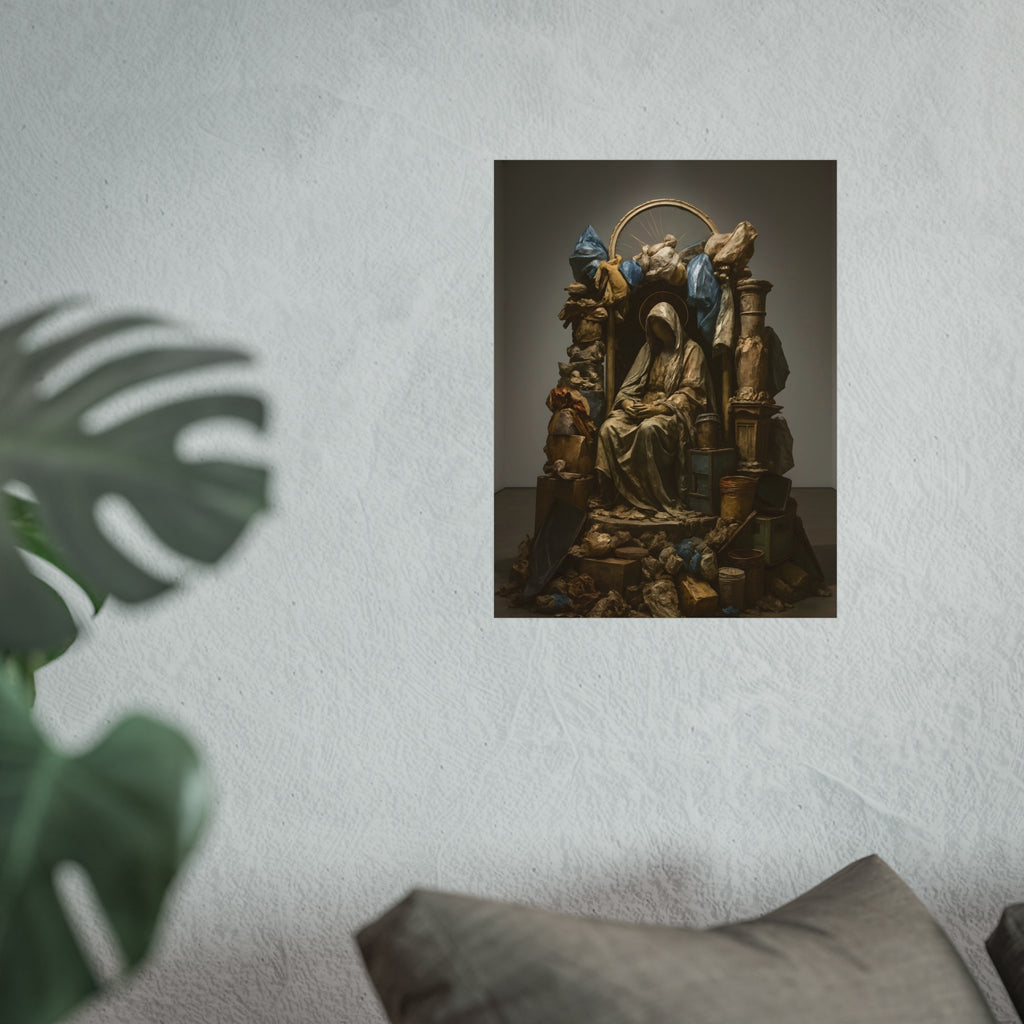 A veiled seated figure built from bags and refuse under a wheel halo. The Virgin Enthroned Among Ruins by Garabaggio, fine art print hanging in a room.