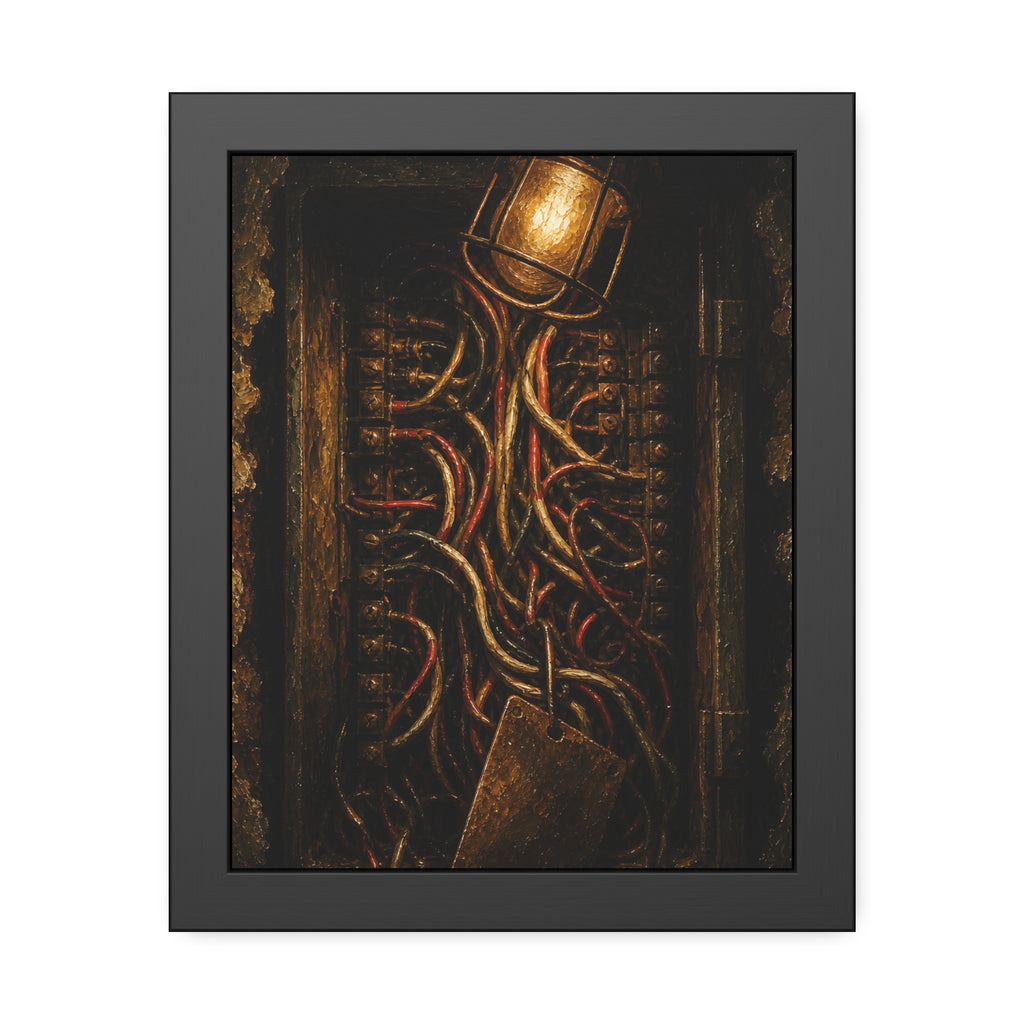 An open intercom box crowded with red and white wires under a bare bulb. The Wires Behind Names by Garabaggio, framed fine art print, 11″ x 14″.