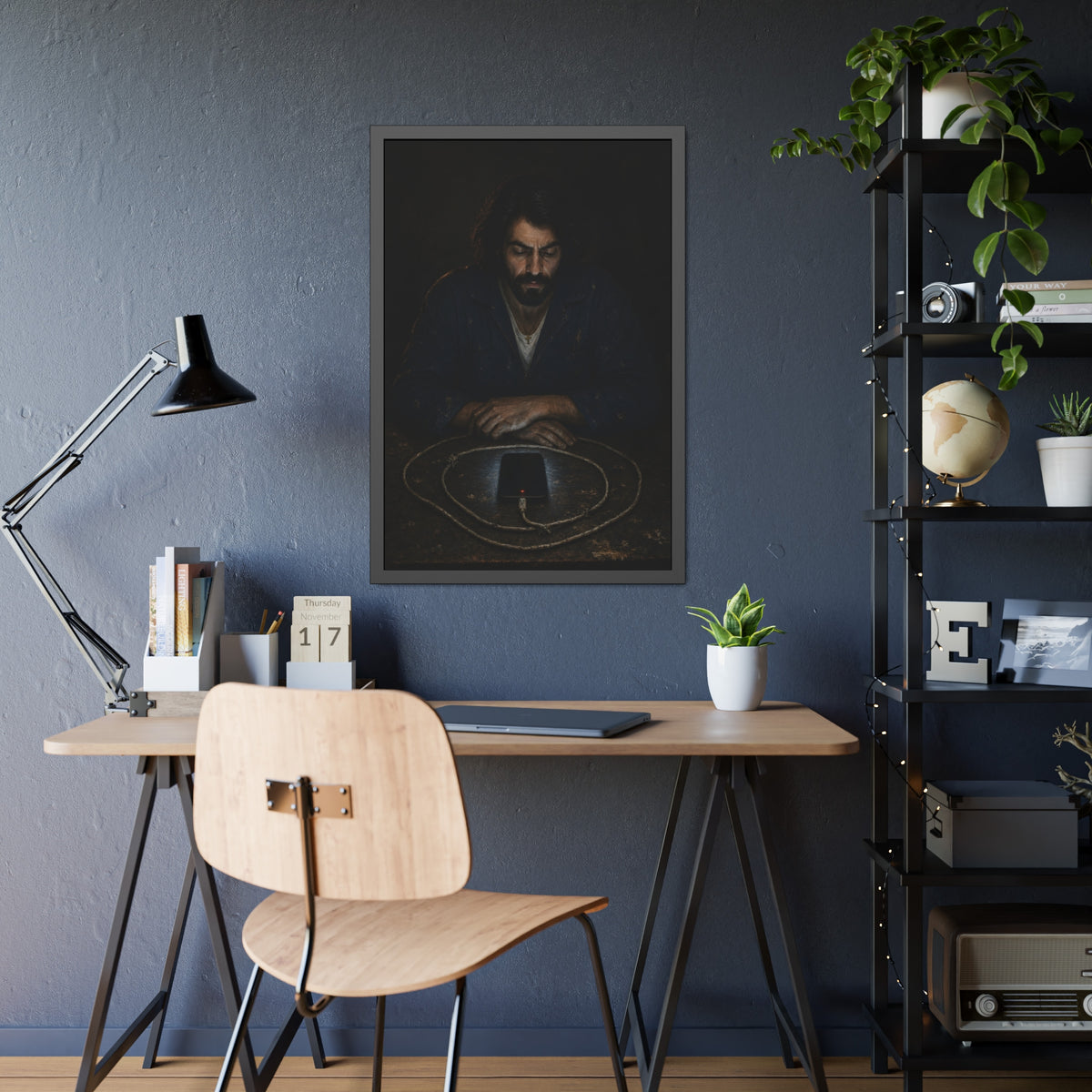 A bearded man at a table watching a phone charging inside a coiled cable. The Vigil of the Charging Cord by Garabaggio, framed fine art print hanging in a room.