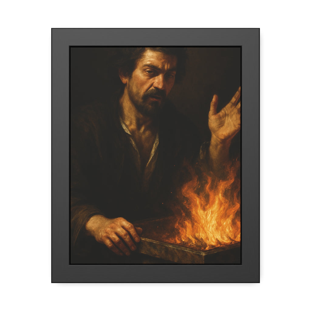 Man holding one hand high over the flames of an open burning bin. Self-Portrait Commanding the Light by Garabaggio, framed fine art print, 11″ x 14″.