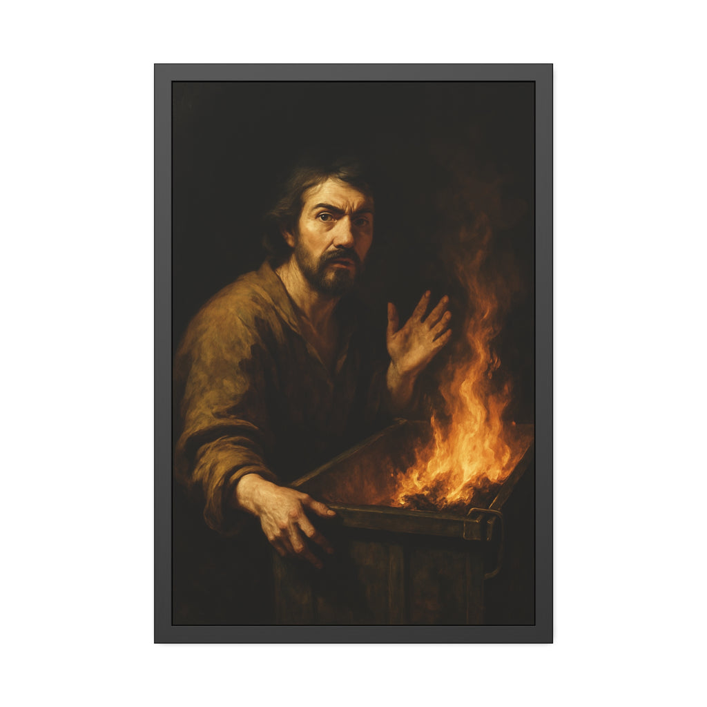 Man gripping the edge of a burning dumpster with one hand raised. Self-Portrait at 3:40 AM by Garabaggio, framed fine art print hanging in a room.