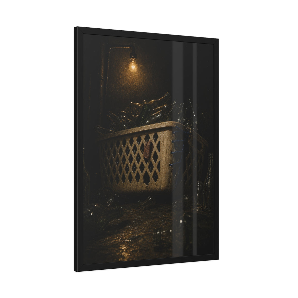 A laundry basket filled with glass bottles under a bare hanging bulb. The Second Life for Bottles by Garabaggio, framed fine art print hanging in a room.