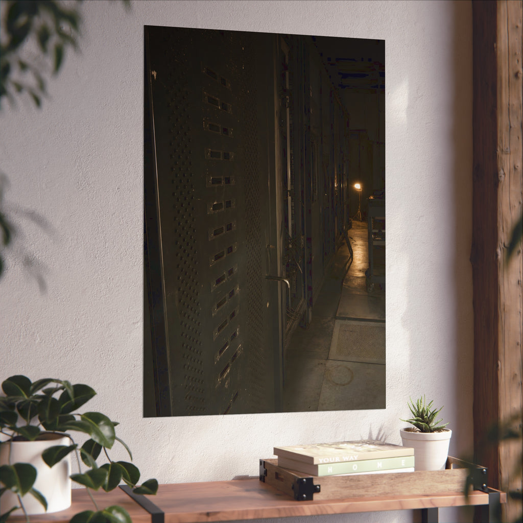 Rows of dark server cabinets with one work lamp glowing far down the aisle. Racks Without Light by Garabaggio, fine art print hanging in a room.