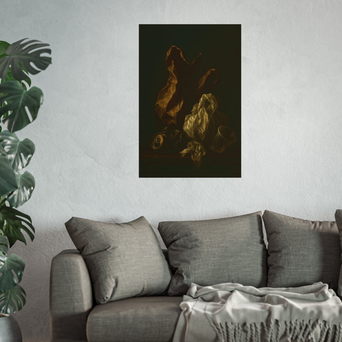 A plastic bag and crumpled paper beside a crushed can and clear cup. The Two Penitents by Garabaggio, fine art print hanging in a room.