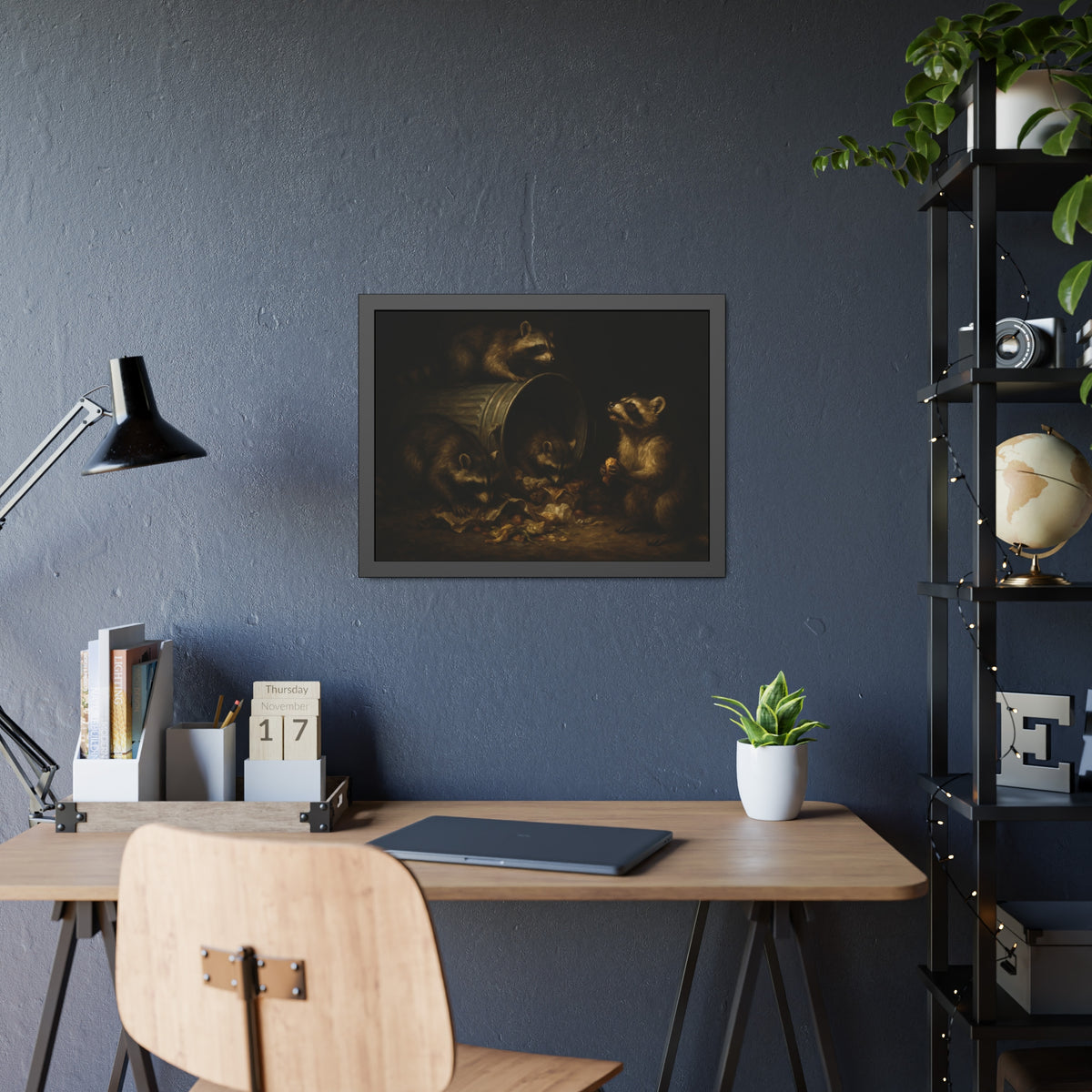 Four raccoons around a toppled metal trash can in the dark. The Last Bite by Garabaggio, framed fine art print hanging in a room.