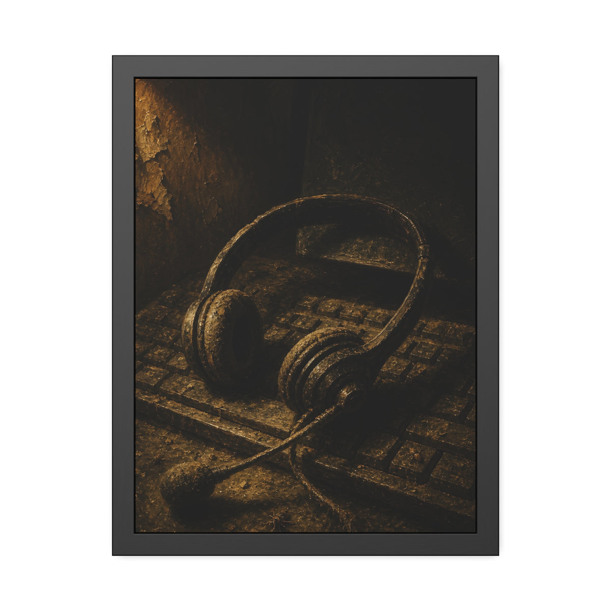 Dust covered headset resting on an old keyboard in brown light. Cubicles Under Dust by Garabaggio, framed fine art print, 18″ x 24″.