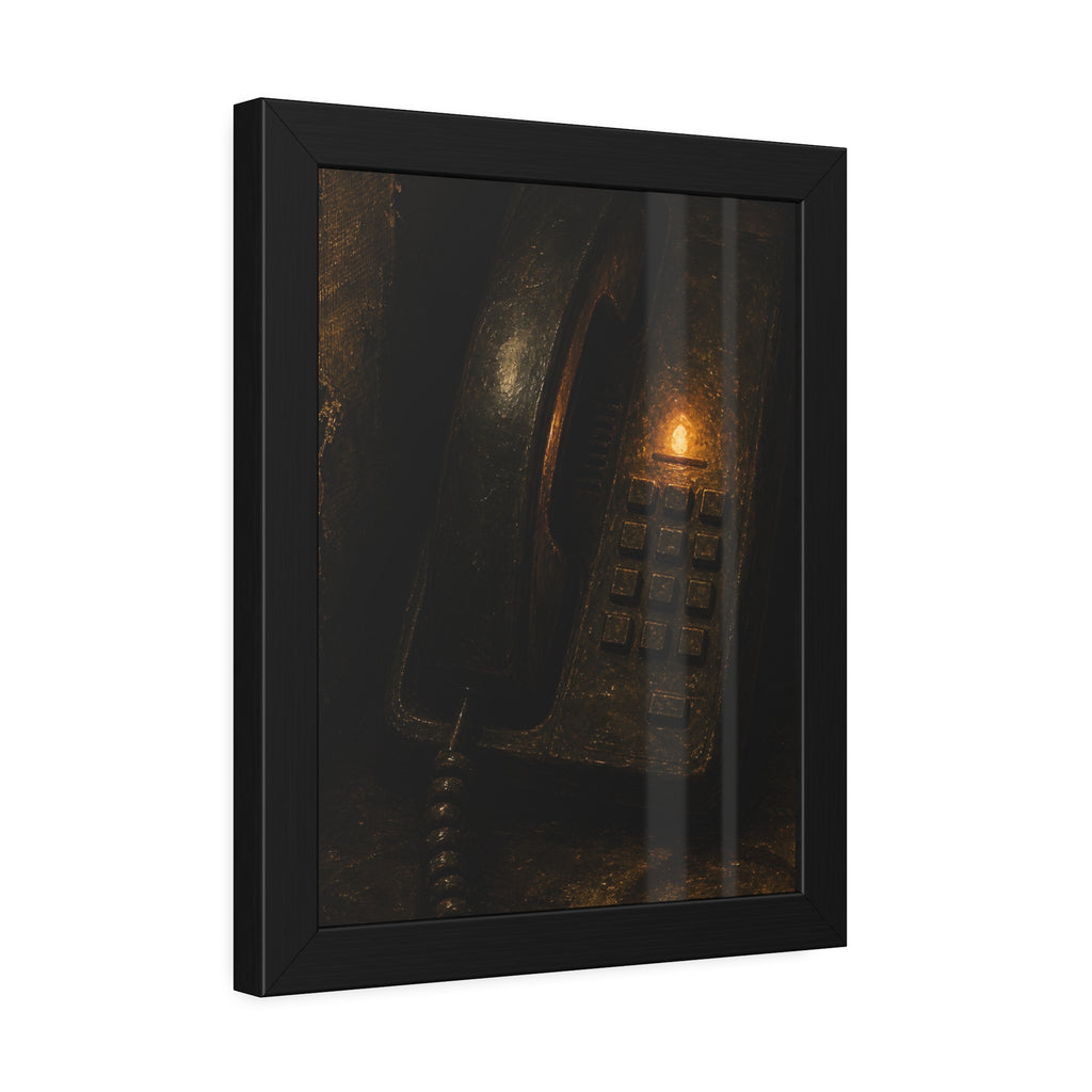An old desk phone in the dark with one amber line light glowing. The First Ring by Garabaggio, framed fine art print hanging in a room.
