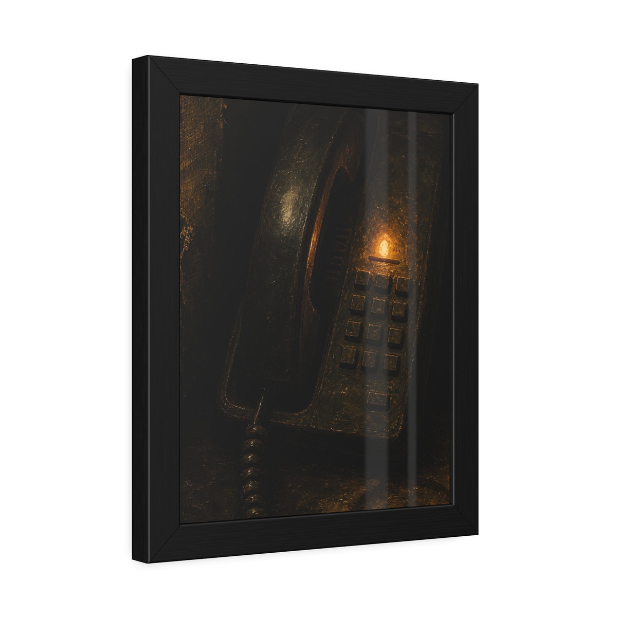 An old desk phone in the dark with one amber line light glowing. The First Ring by Garabaggio, framed fine art print hanging in a room.