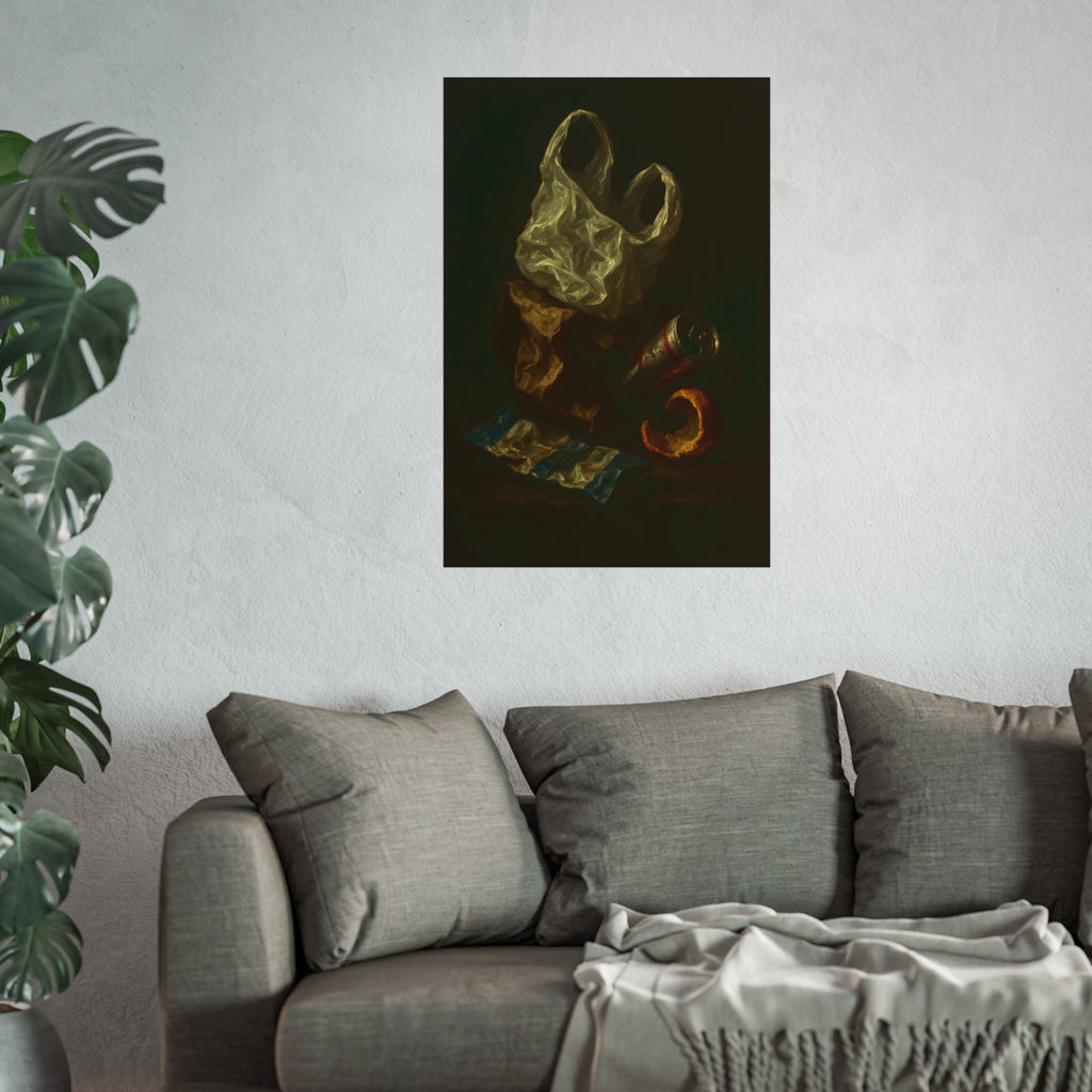 A plastic bag, crushed can and orange peel on a dim table. Still Life with Orange Peel and Resignation by Garabaggio, fine art print hanging in a room.