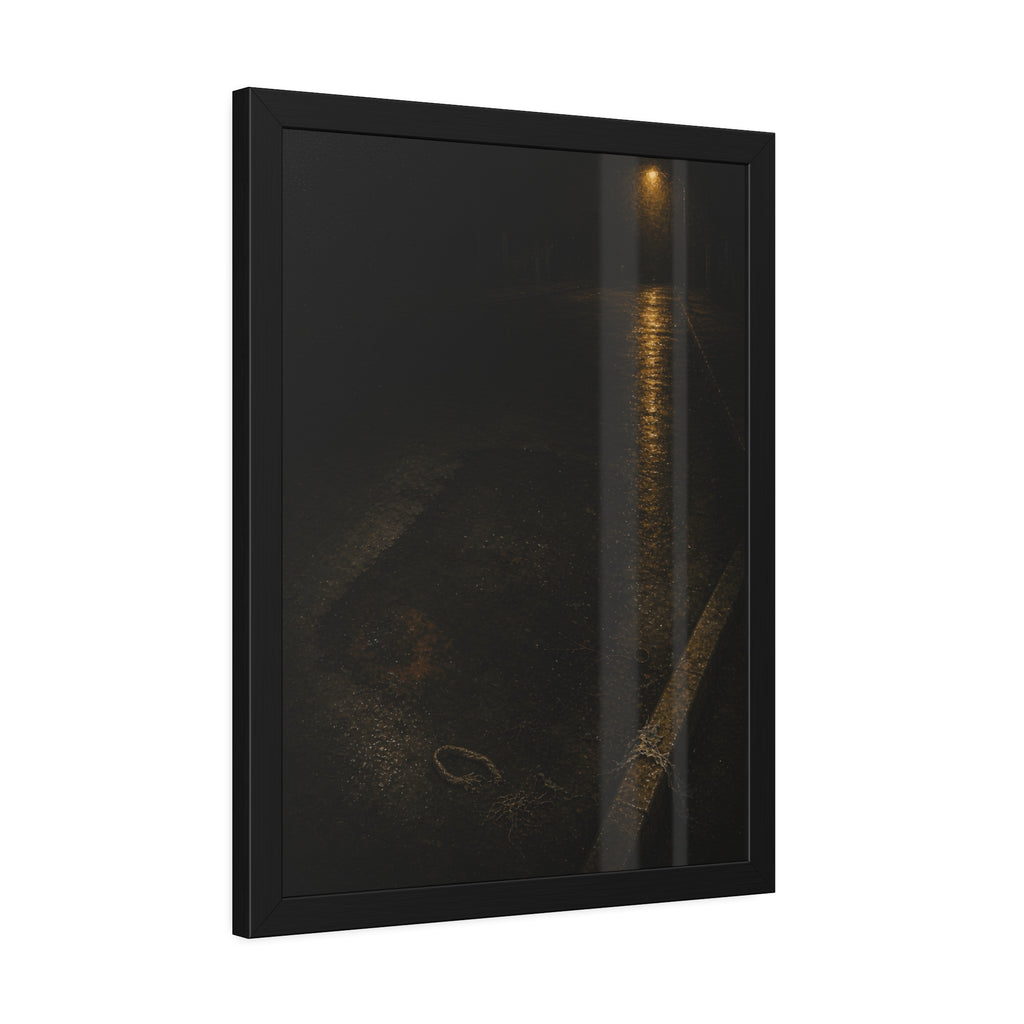 A rectangular stain on wet asphalt where something lay, under a streetlamp. The Stain After Removal by Garabaggio, framed fine art print hanging in a room.