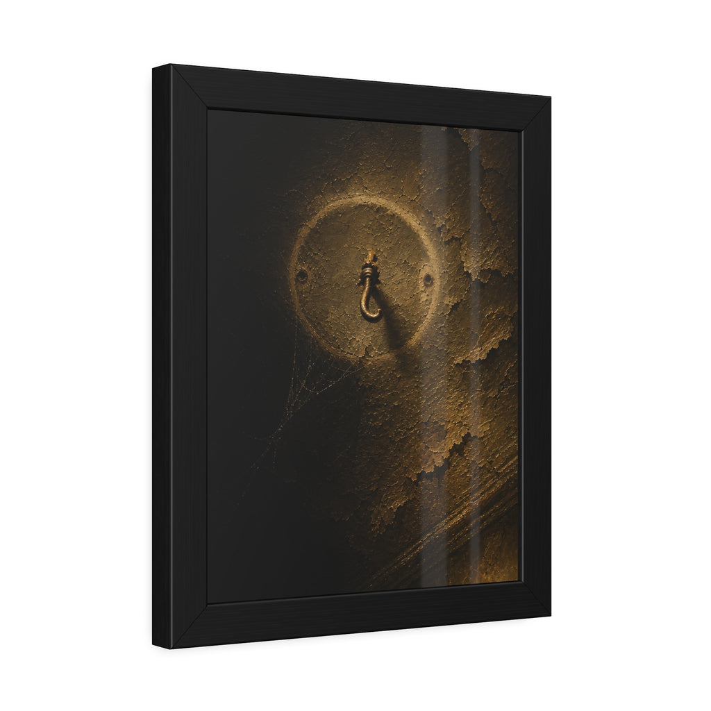 A small empty hook on a cracked ceiling, lit from one side. The Hook Without a Burden by Garabaggio, framed fine art print hanging in a room.