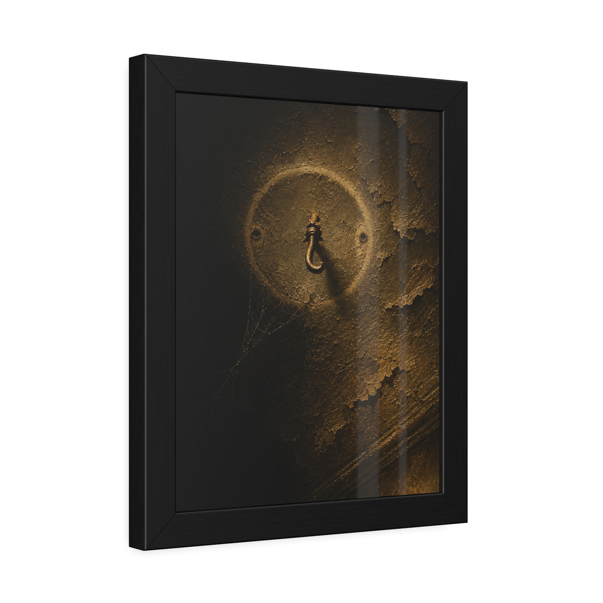 A small empty hook on a cracked ceiling, lit from one side. The Hook Without a Burden by Garabaggio, framed fine art print hanging in a room.