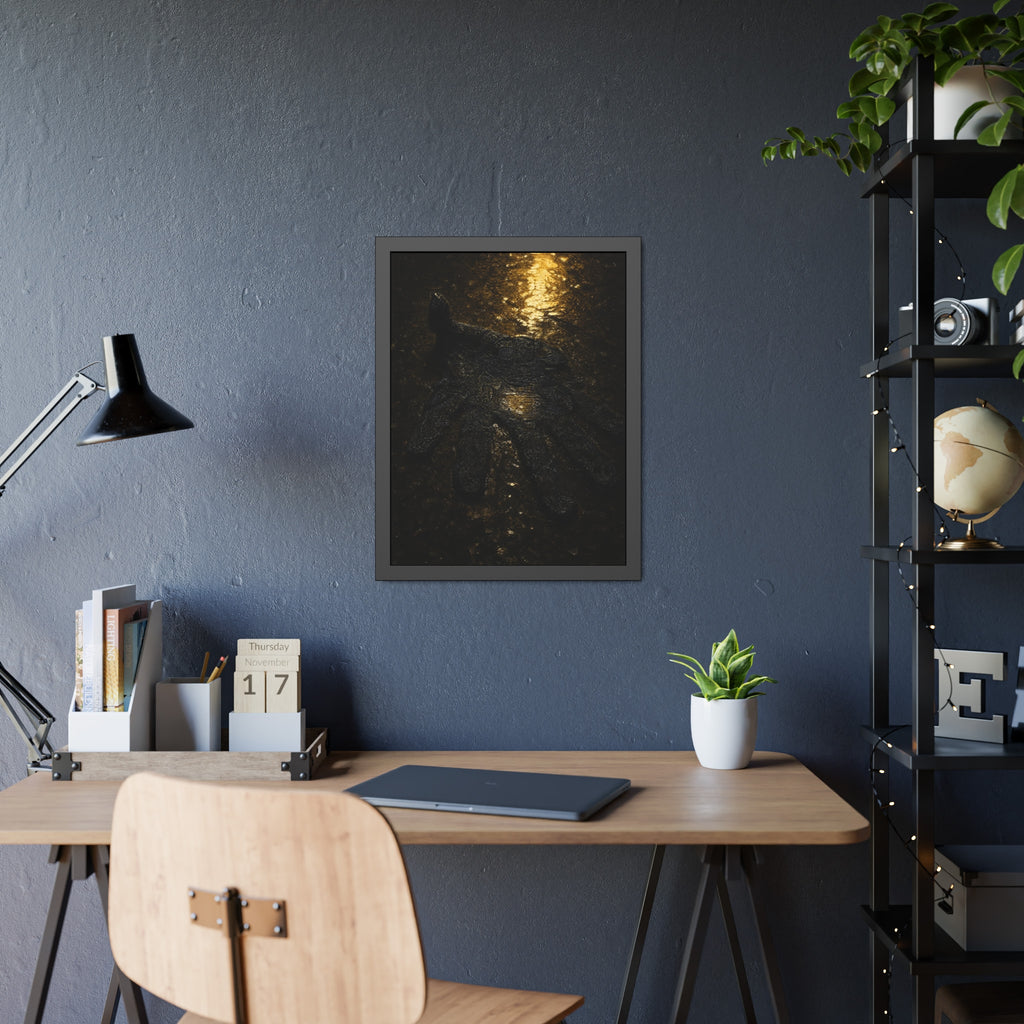 A flattened black glove pressed into wet asphalt beside a light streak. The Flattening, Study No. 1 by Garabaggio, framed fine art print hanging in a room.