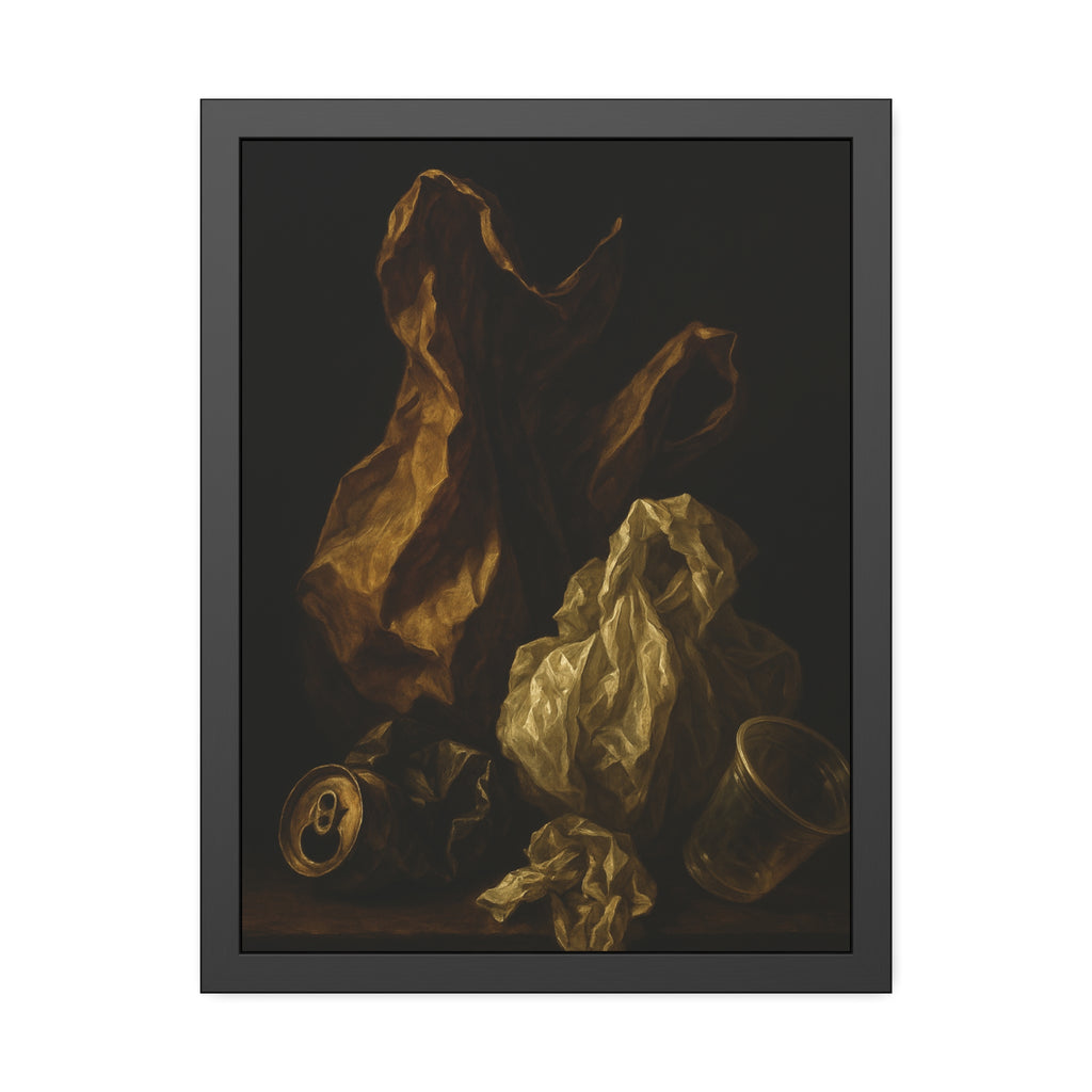 A plastic bag and crumpled paper beside a crushed can and clear cup. The Two Penitents by Garabaggio, framed fine art print hanging in a room.