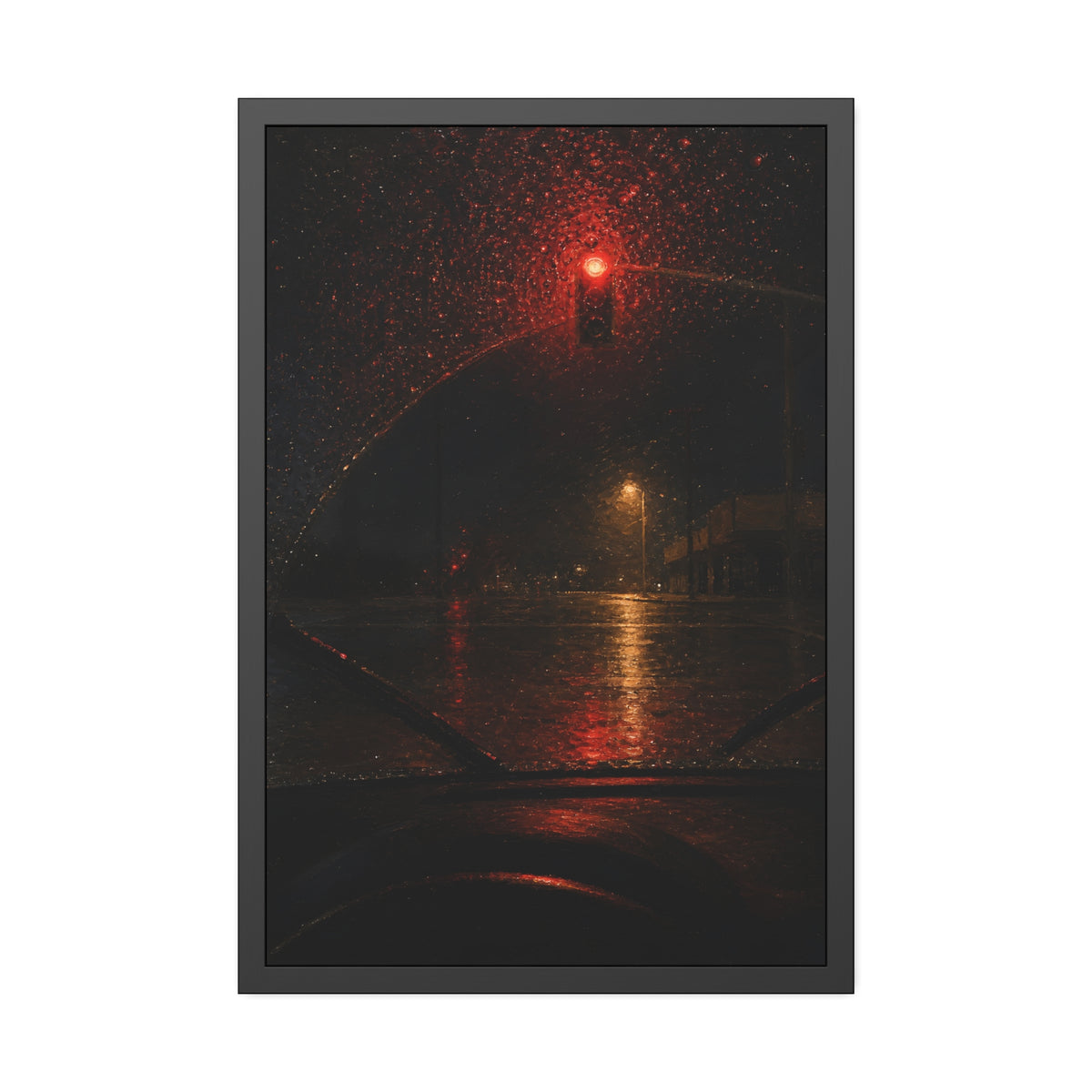 A red traffic light seen through a rain beaded windshield at night. The Windshield at the Red Light by Garabaggio, framed fine art print, 24″ x 36″.