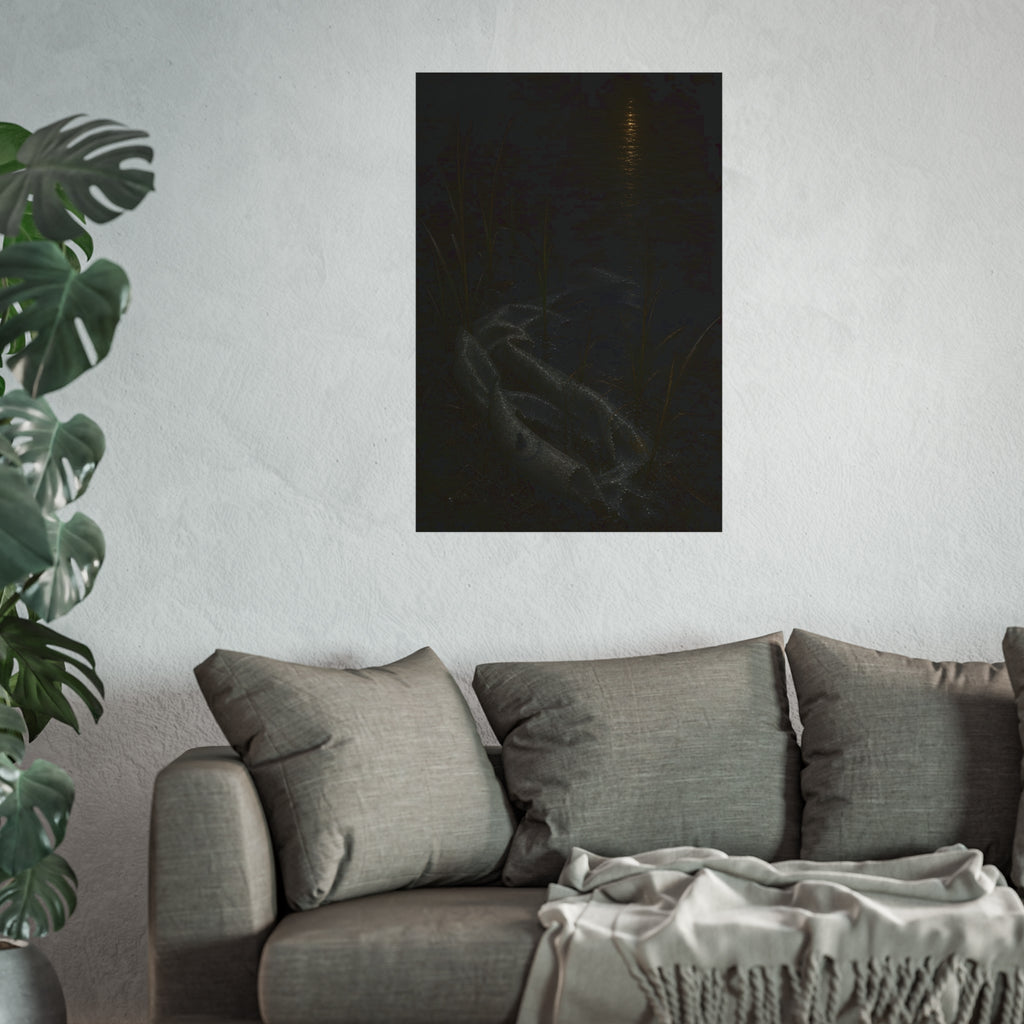A deflated float slumped in lakeside reeds under a streak of moonlight. Spring Skin in the Reeds by Garabaggio, fine art print hanging in a room.