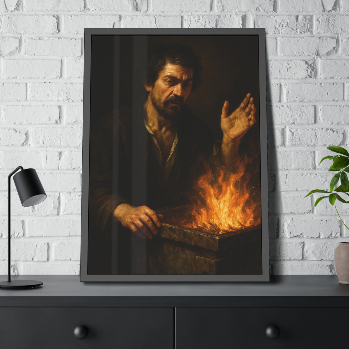 Man holding one hand high over the flames of an open burning bin. Self-Portrait Commanding the Light by Garabaggio, framed fine art print hanging in a room.