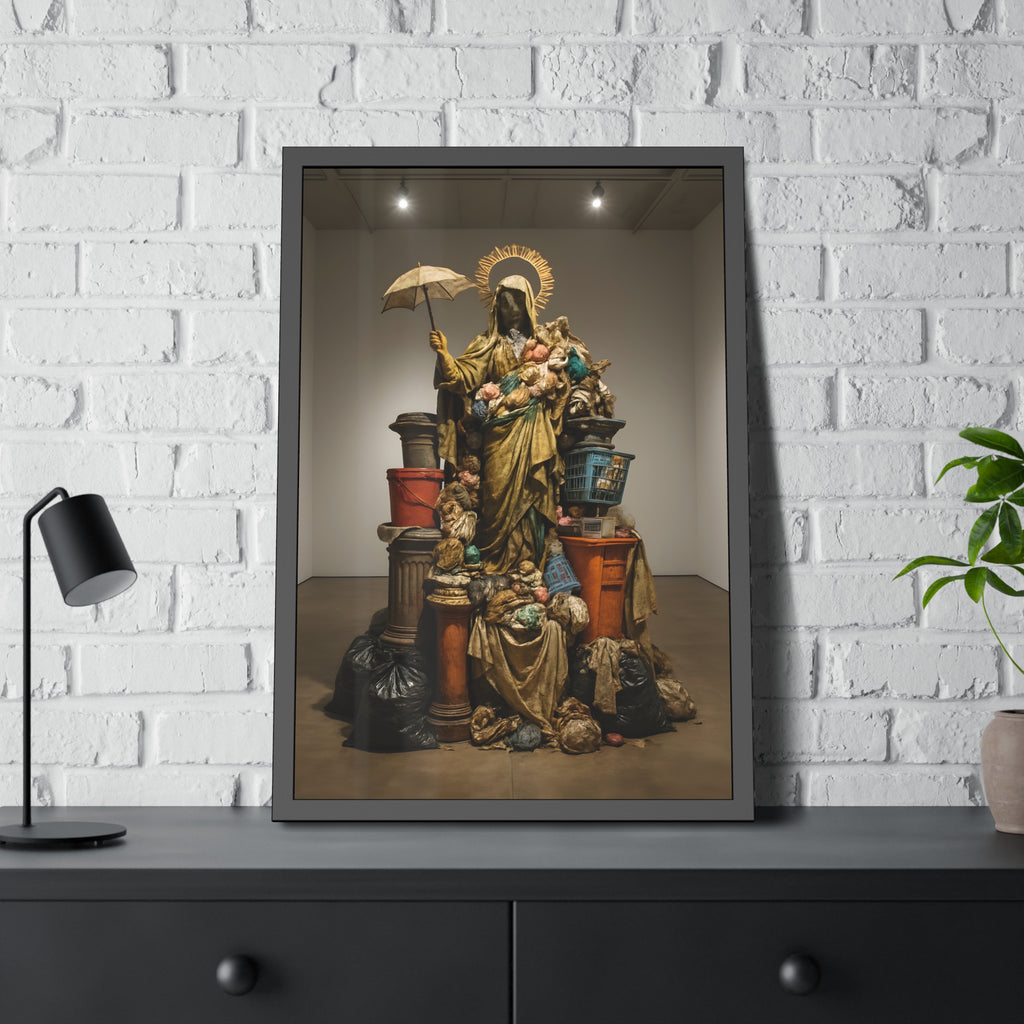 Robed figure with a halo and umbrella rising from trash bags and crates. Our Lady of Perpetual Shelter by Garabaggio, framed fine art print hanging in a room.