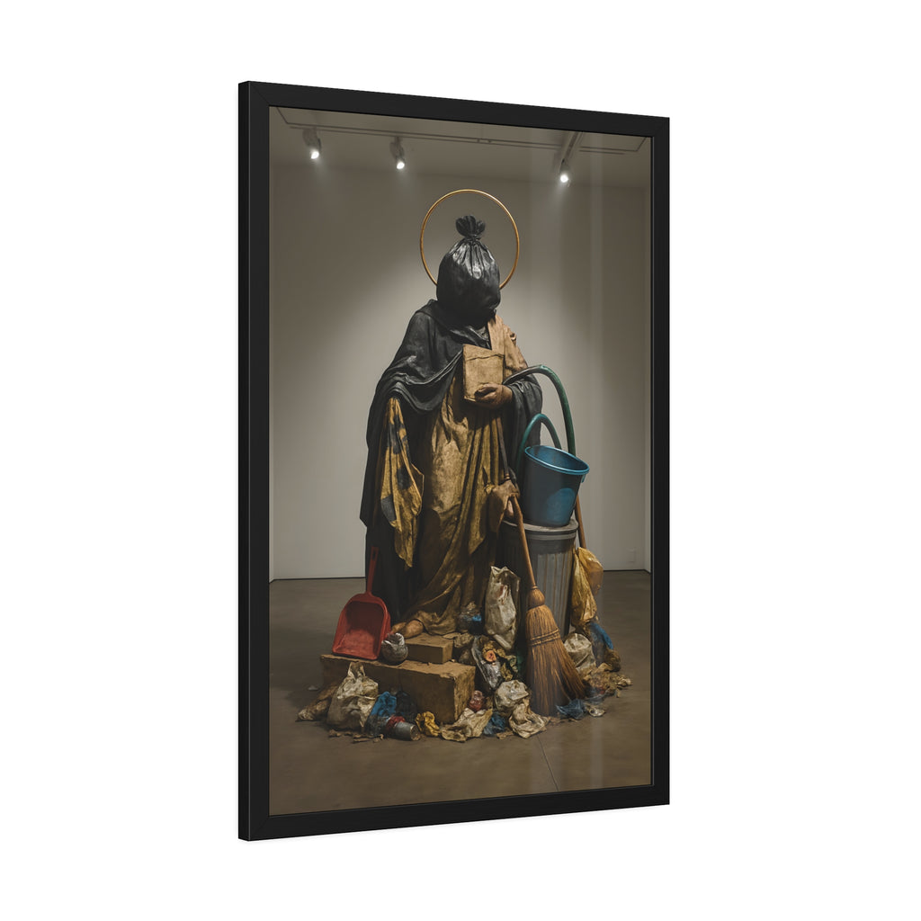 A robed figure with a garbage bag head and gold halo holding a broom. The Custodian Enthroned by Garabaggio, framed fine art print hanging in a room.