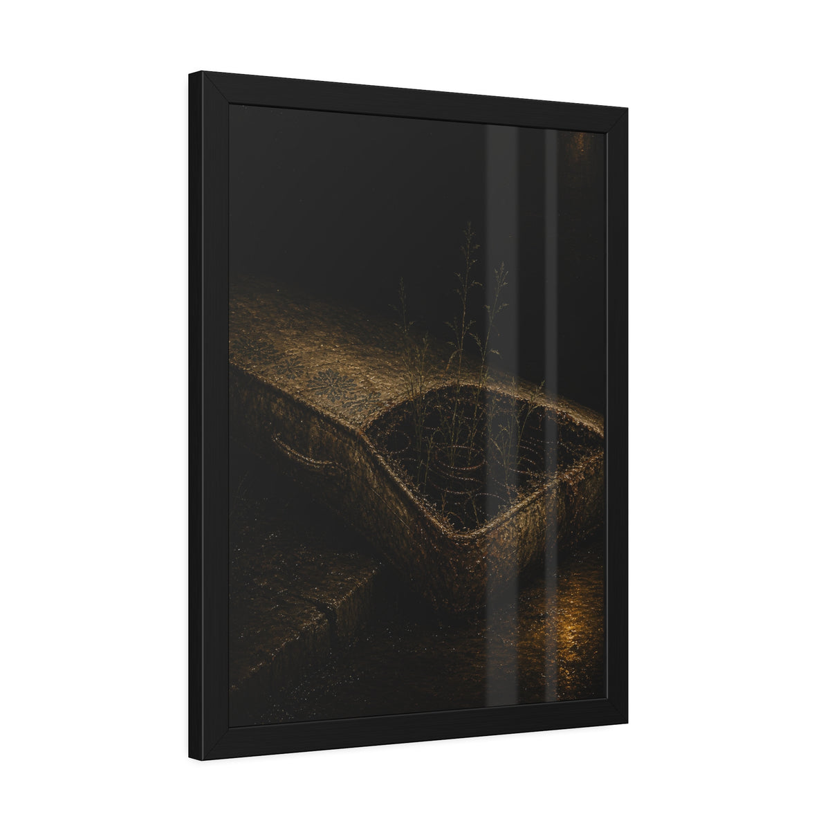 Weeds growing through a torn mattress left at a wet curb at night. The Rooting of Weeds by Garabaggio, framed fine art print hanging in a room.