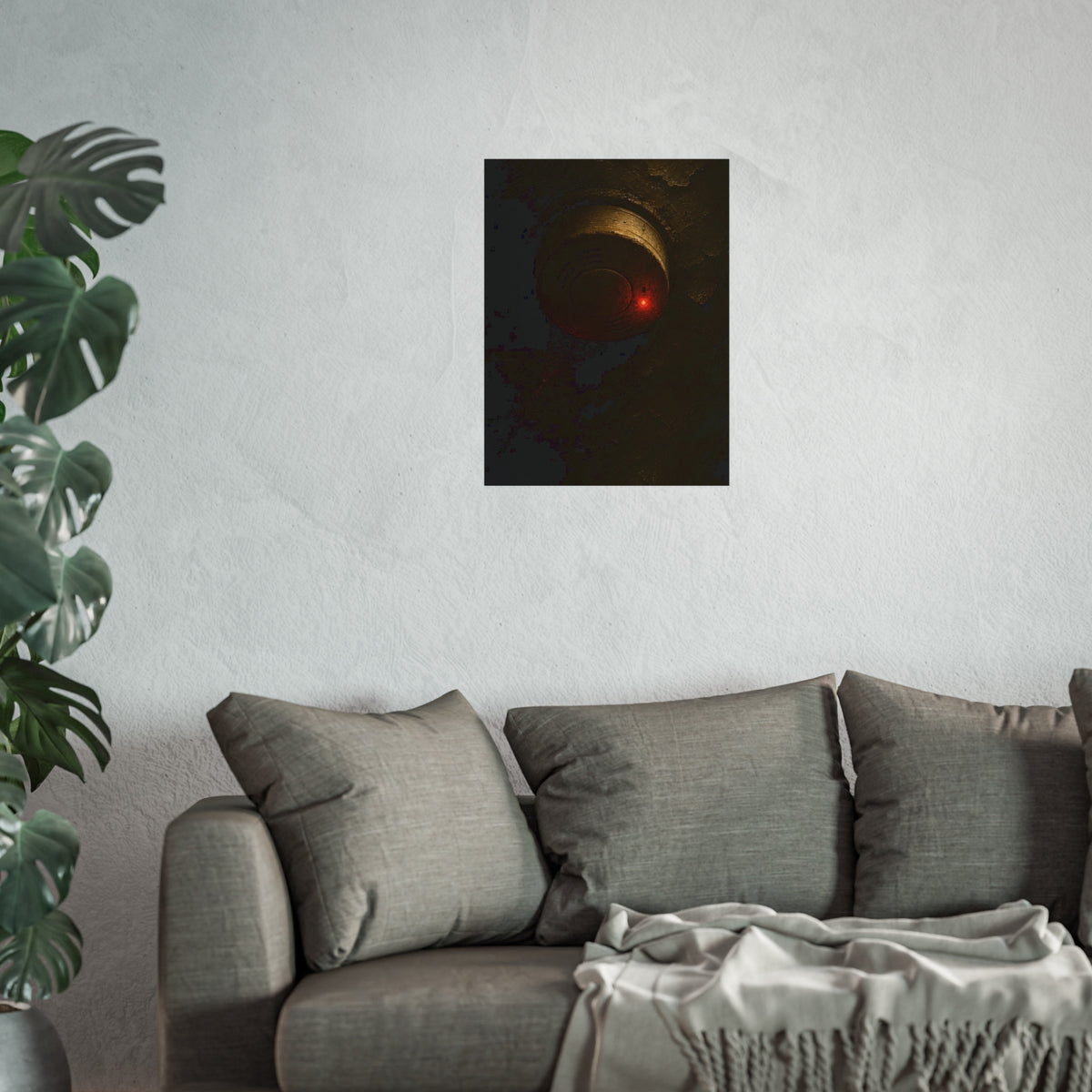 A dusty smoke detector on a peeling ceiling with its red light on. The First Red Blink by Garabaggio, fine art print hanging in a room.