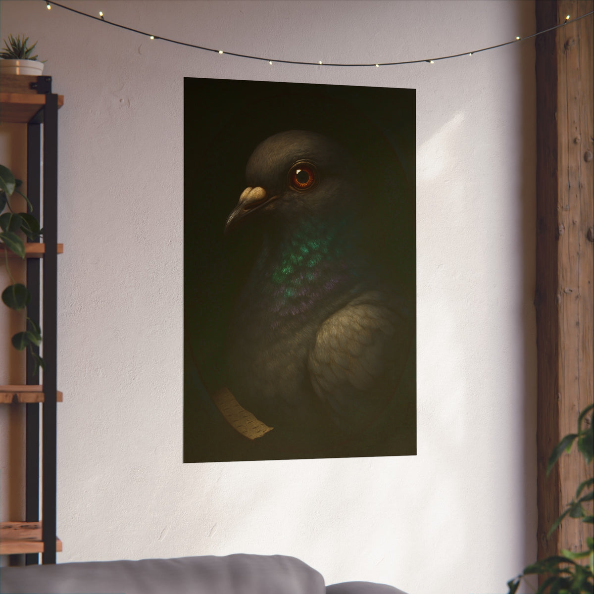 Close portrait of a pigeon with an iridescent green throat. Study of the Holy Messenger, No. 1 by Garabaggio, fine art print hanging in a room.
