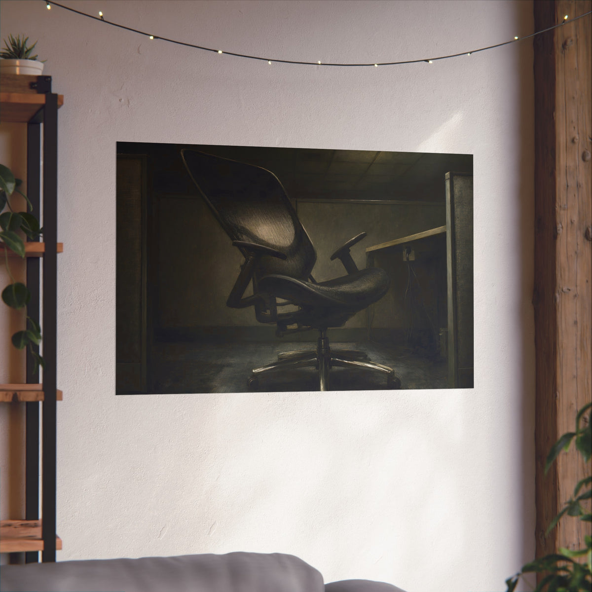 An office chair tilted back in an empty cubicle under one ceiling light. The Ergonomic Chair, Unlocked by Garabaggio, fine art print hanging in a room.