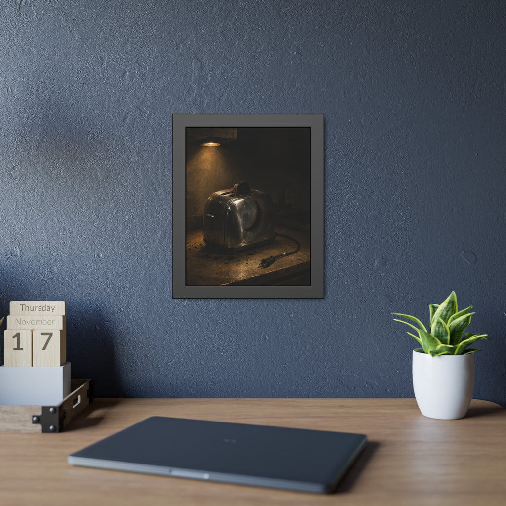 Scorched toaster with burnt toast on a counter under a cabinet light. Breakfast Interrupted by Garabaggio, framed fine art print hanging in a room.