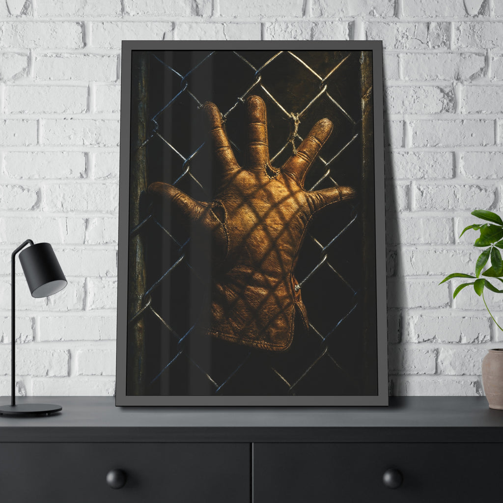 A leather work glove splayed palm out against chain-link wire. The Crucifixion on Chain-Link (Framed) by Garabaggio, framed fine art print hanging in a room.