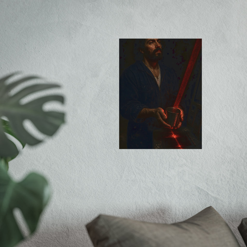 A man in blue coveralls holding a metal cup in a red scanner beam. The First Scan by Garabaggio, fine art print hanging in a room.