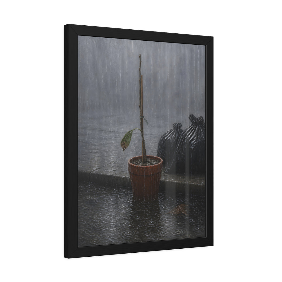 A bare stick in a clay pot on a curb in heavy rain beside trash bags. The Second Rain by Garabaggio, framed fine art print hanging in a room.