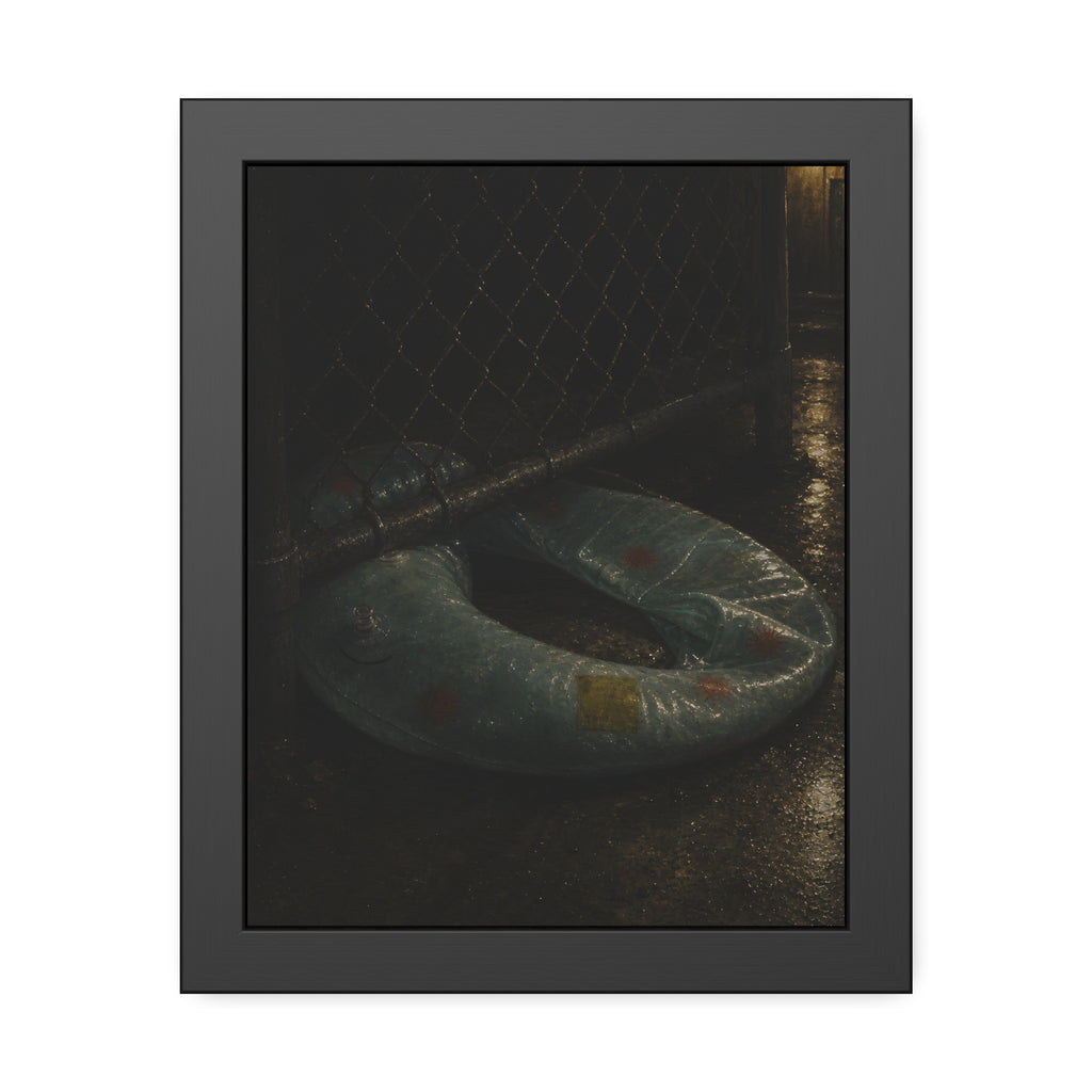 A deflated ring float pushed under a chain link fence in a wet alley. The Escape Beneath the Fence by Garabaggio, framed fine art print, 11″ x 14″.