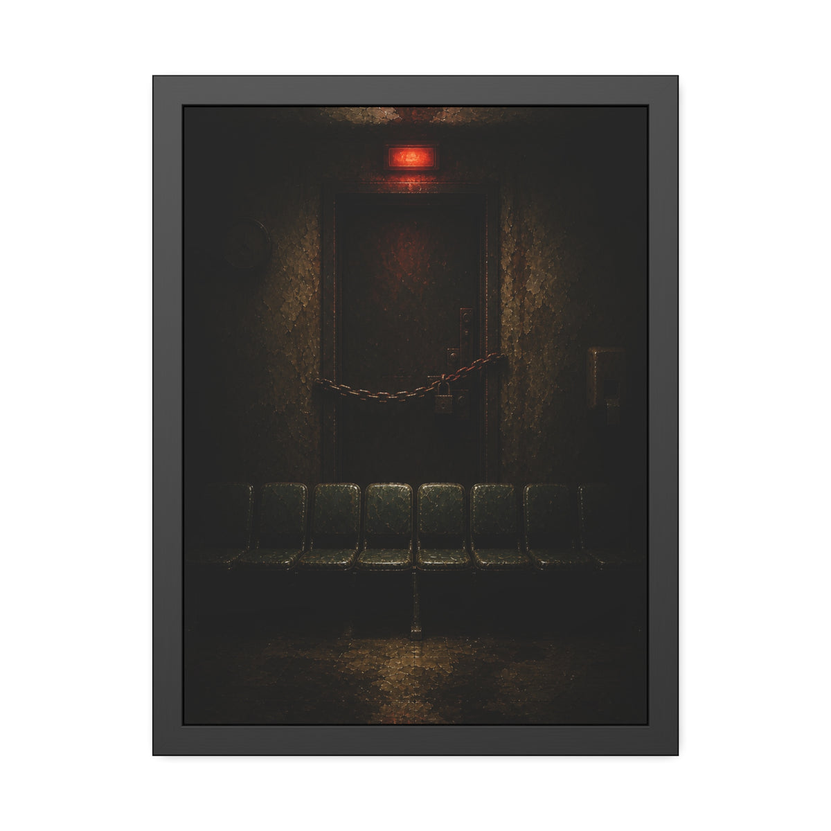 Chained waiting room door under a red exit light, empty seats below. After Closing by Garabaggio, framed fine art print, 18″ x 24″.