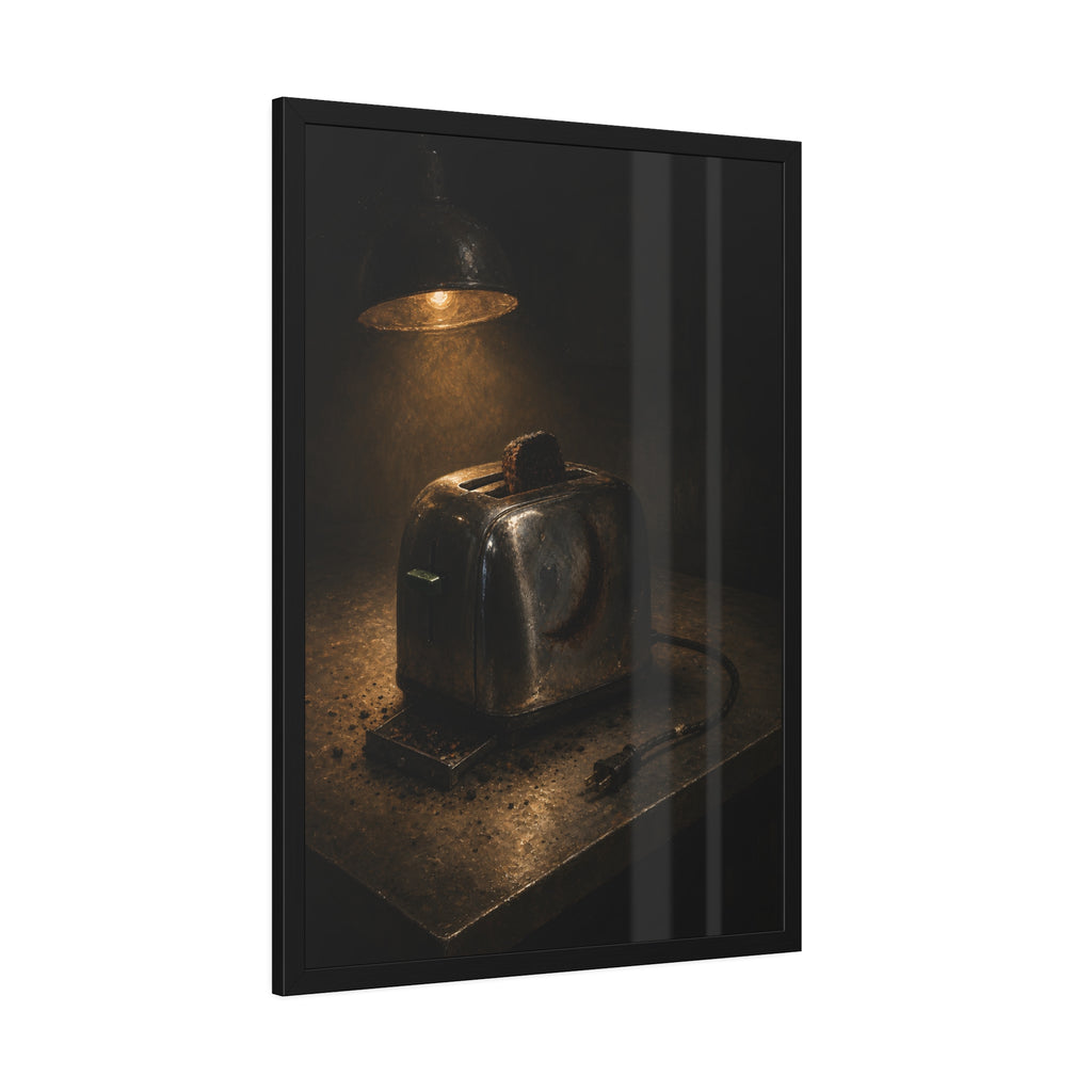 A scorched toaster under a work lamp, burnt toast standing in its slot. The Table of Examination by Garabaggio, framed fine art print hanging in a room.