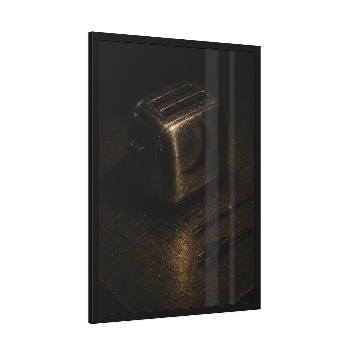 A scorched toaster on a metal table beside its severed cord and plug. The Severing of the Cord by Garabaggio, framed fine art print hanging in a room.