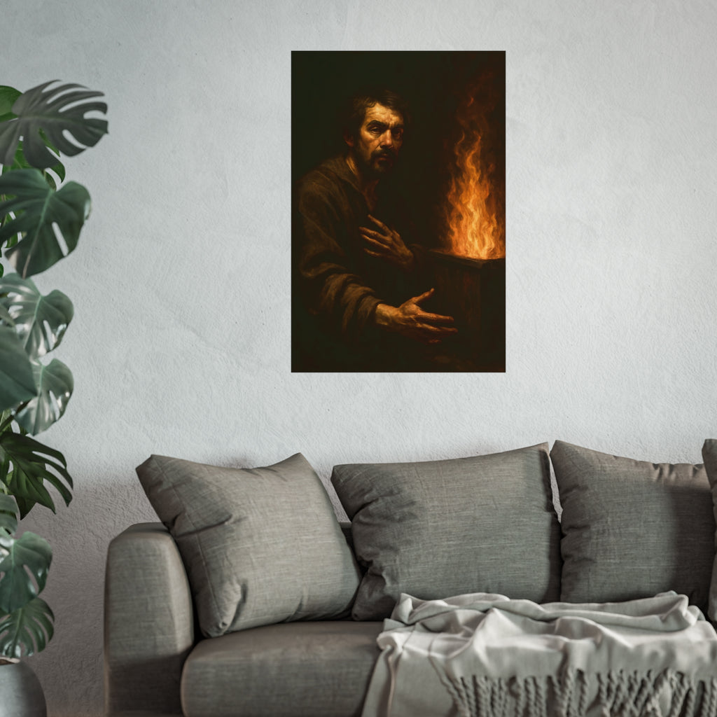 Bearded man with a hand on his chest beside flames rising from a bin. Self-Portrait as a Penitent by Garabaggio, fine art print hanging in a room.