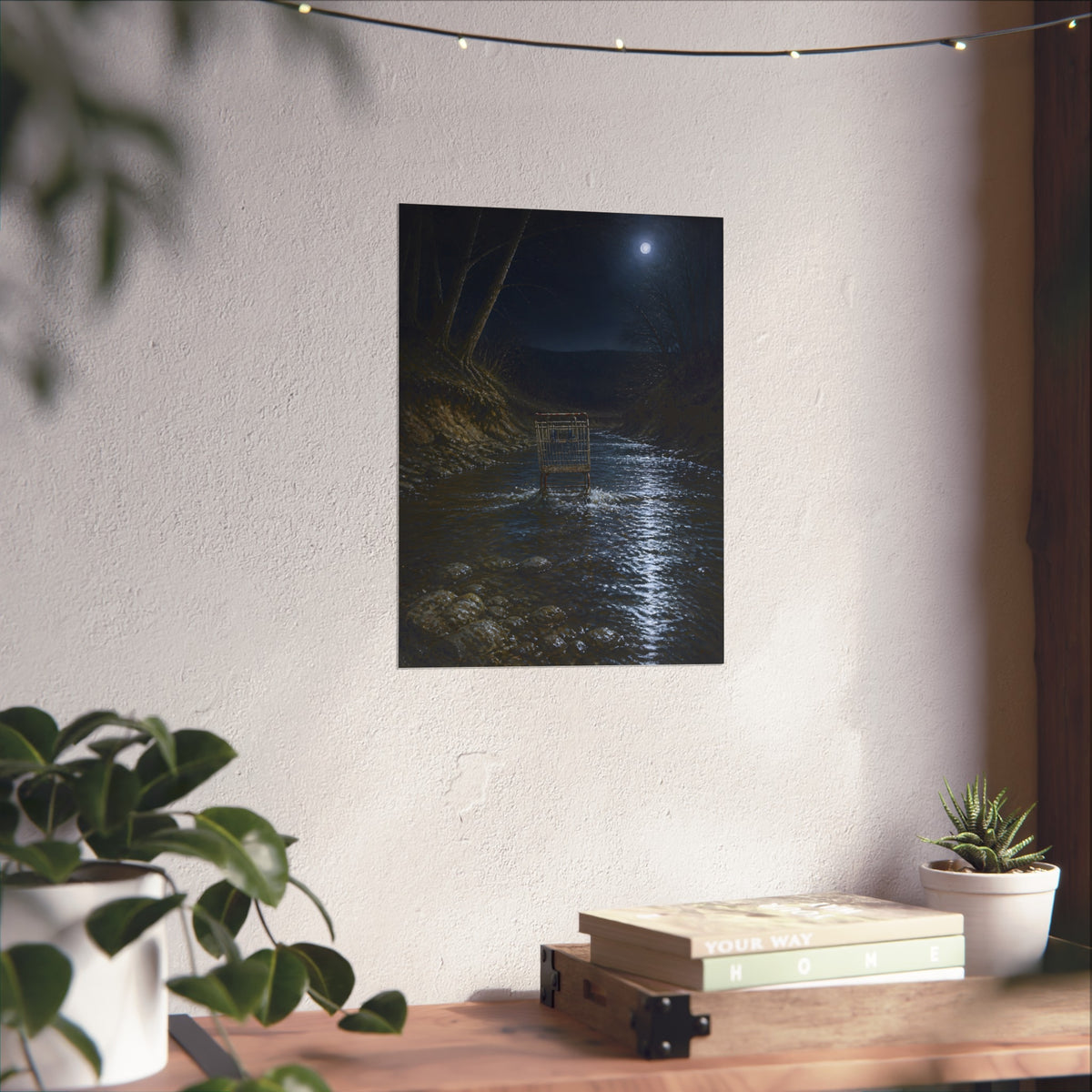 A shopping cart standing in a moonlit creek between dark trees. The Fording of the Creek by Garabaggio, fine art print hanging in a room.