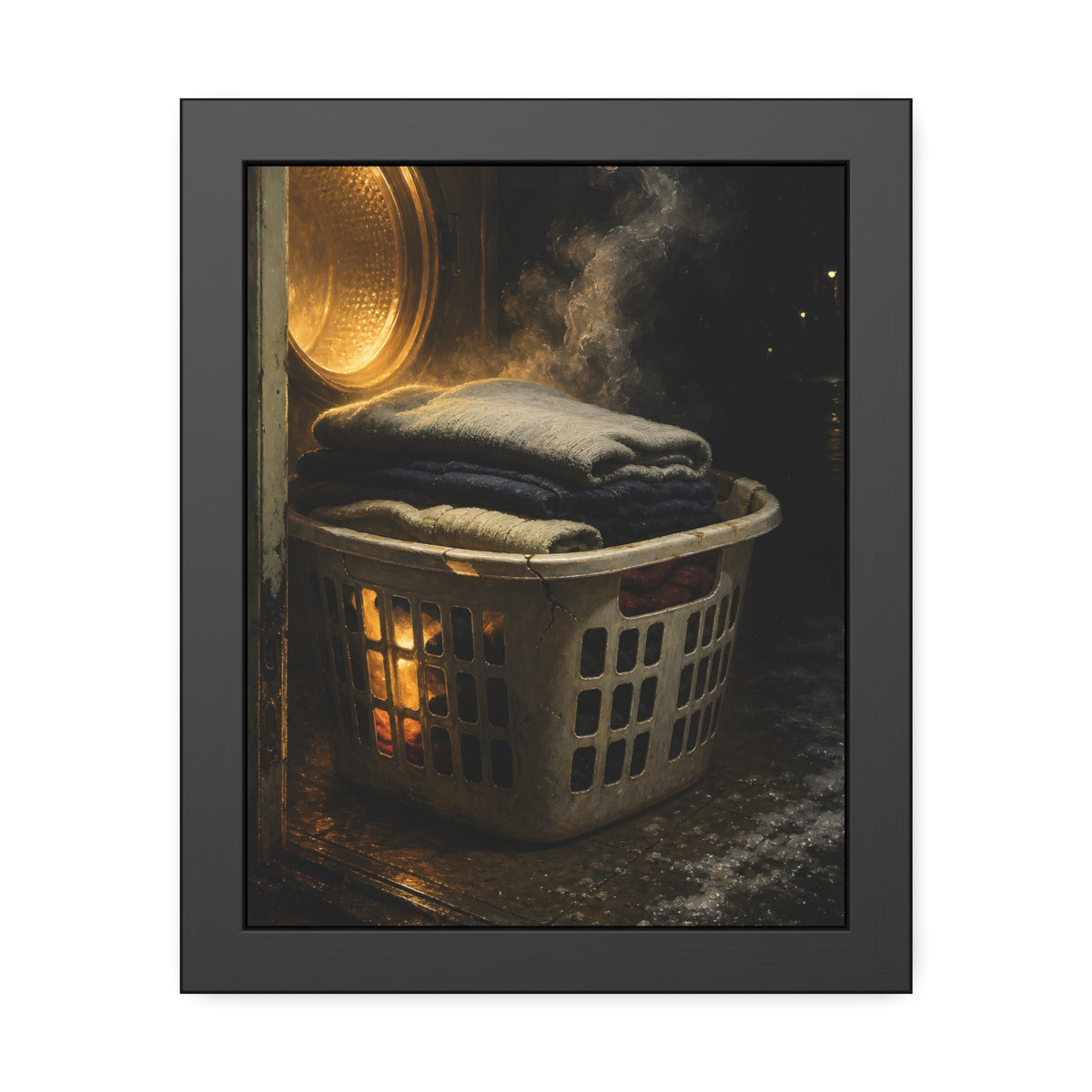 A laundry basket of folded clothes glowing in front of an open dryer. The Warm Clothes Against the Cold by Garabaggio, framed fine art print, 11″ x 14″.