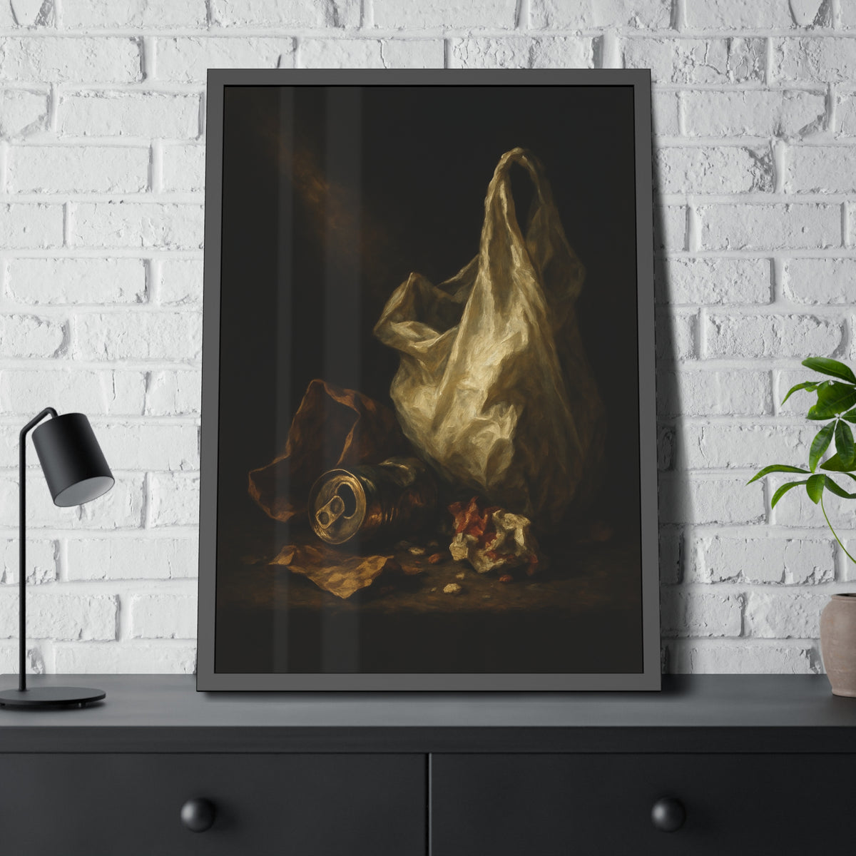 A white plastic bag standing upright in a shaft of light. The Annunciation of the Plastic Bag by Garabaggio, framed fine art print hanging in a room.