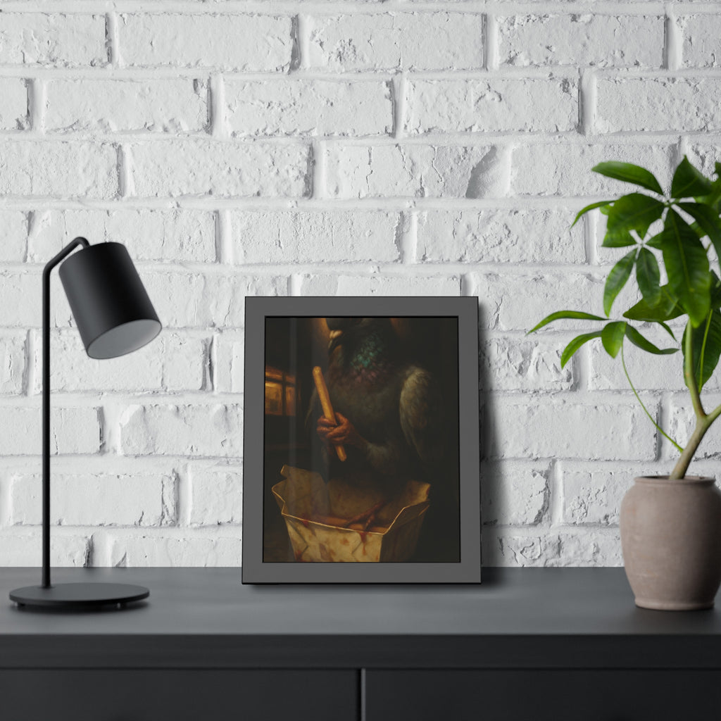 A haloed pigeon holding a french fry over a takeout carton in an alley. Madonna of the Pigeon with Fries by Garabaggio, framed fine art print hanging in a room.