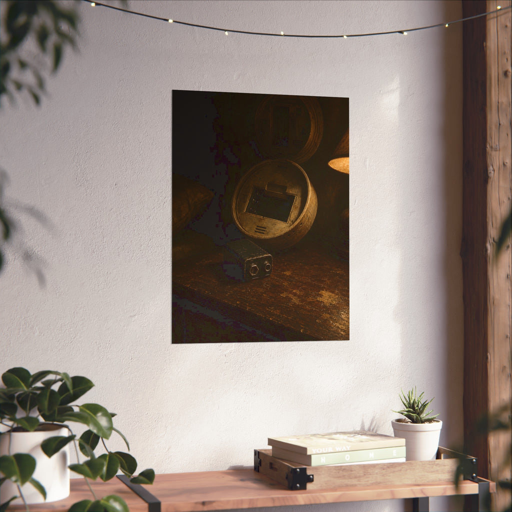 An open smoke detector on a wooden table beside a removed nine volt battery. The Silence After Removal by Garabaggio, fine art print hanging in a room.