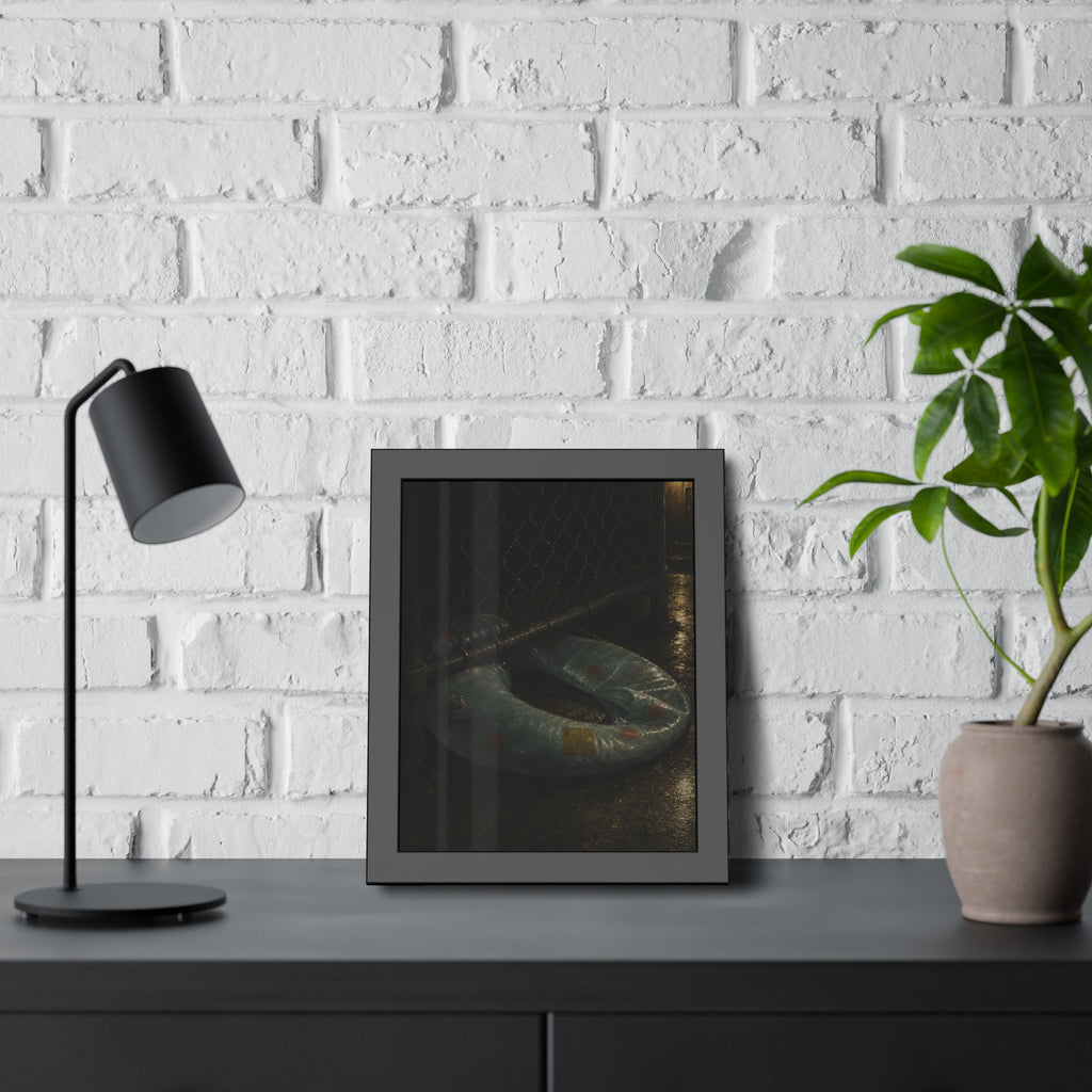 A deflated ring float pushed under a chain link fence in a wet alley. The Escape Beneath the Fence by Garabaggio, framed fine art print hanging in a room.